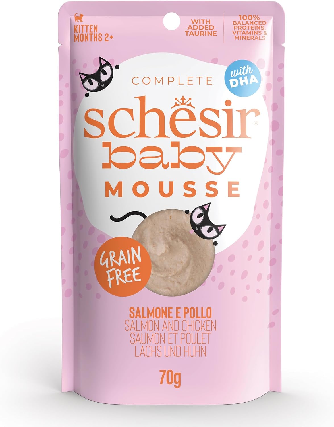 Detalle de Schesir Baby Filettini di Pollo con Salmone in Mousse per Gattini – Grain Free, DHA e Taurina, 12x70 g