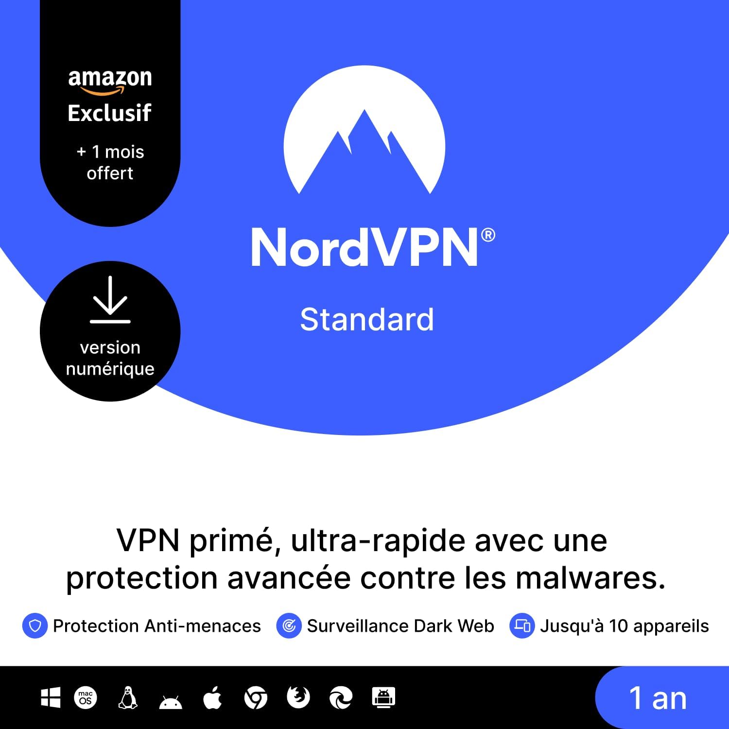 Detalle de NordVPN Standard – Exclusivité Amazon, 10 appareils, 1 an + 1 mois supplémentaire, code numérique