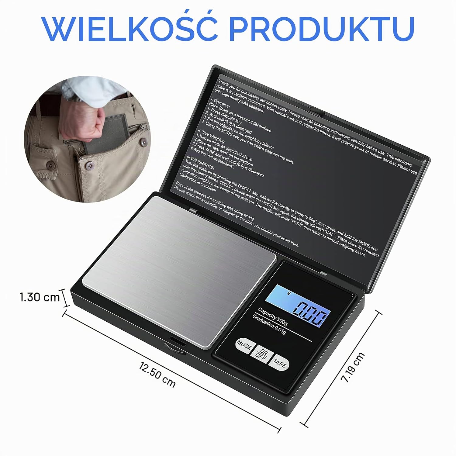 Detalle de vvhippo E-010-ZBC – cyfrowa waga kieszonkowa 500 g, odczyt 0,01 g
