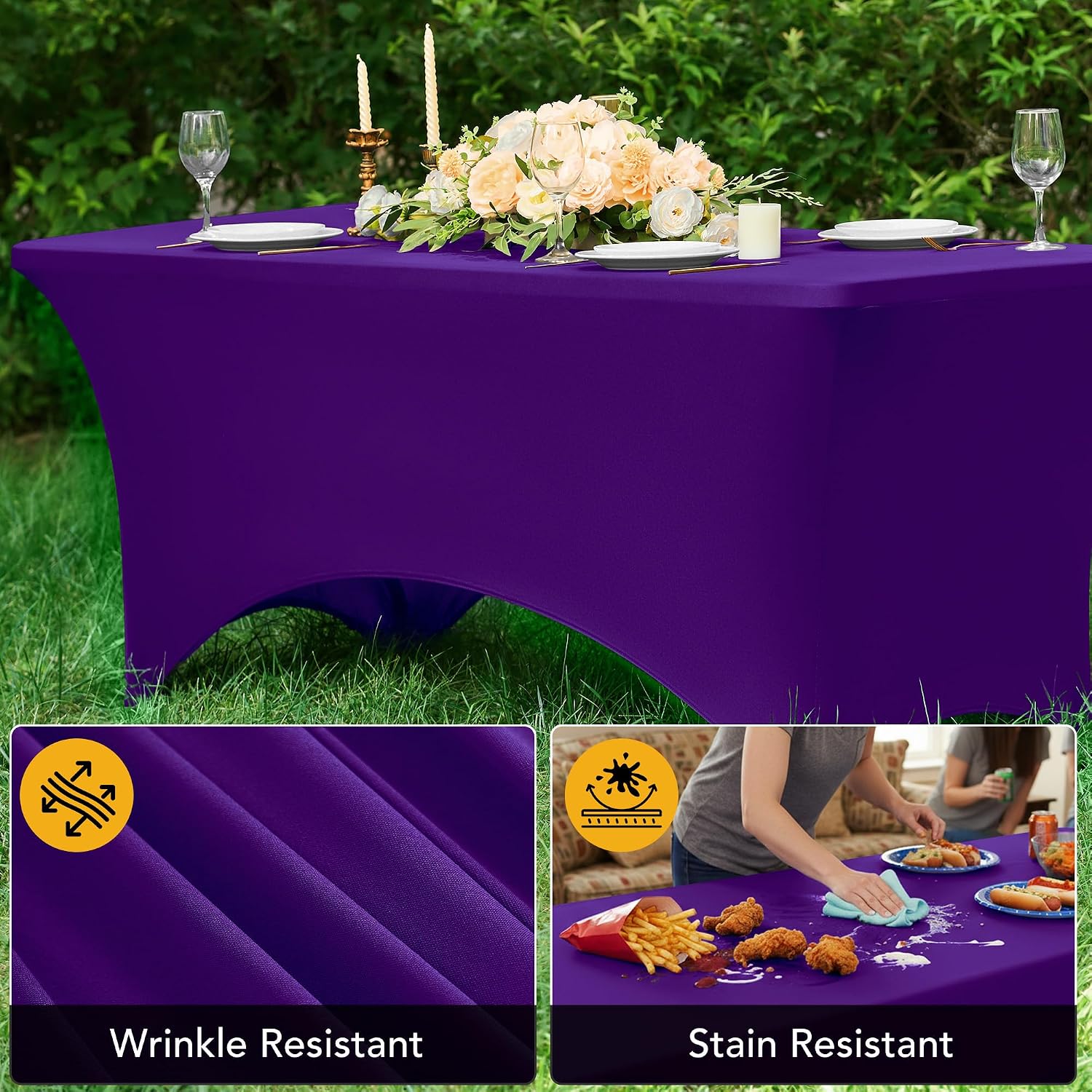 Detalle 2 de Dailyset 6-Pack Premium Purple Spandex Tablecloths for 8ft Rectangular Tables
