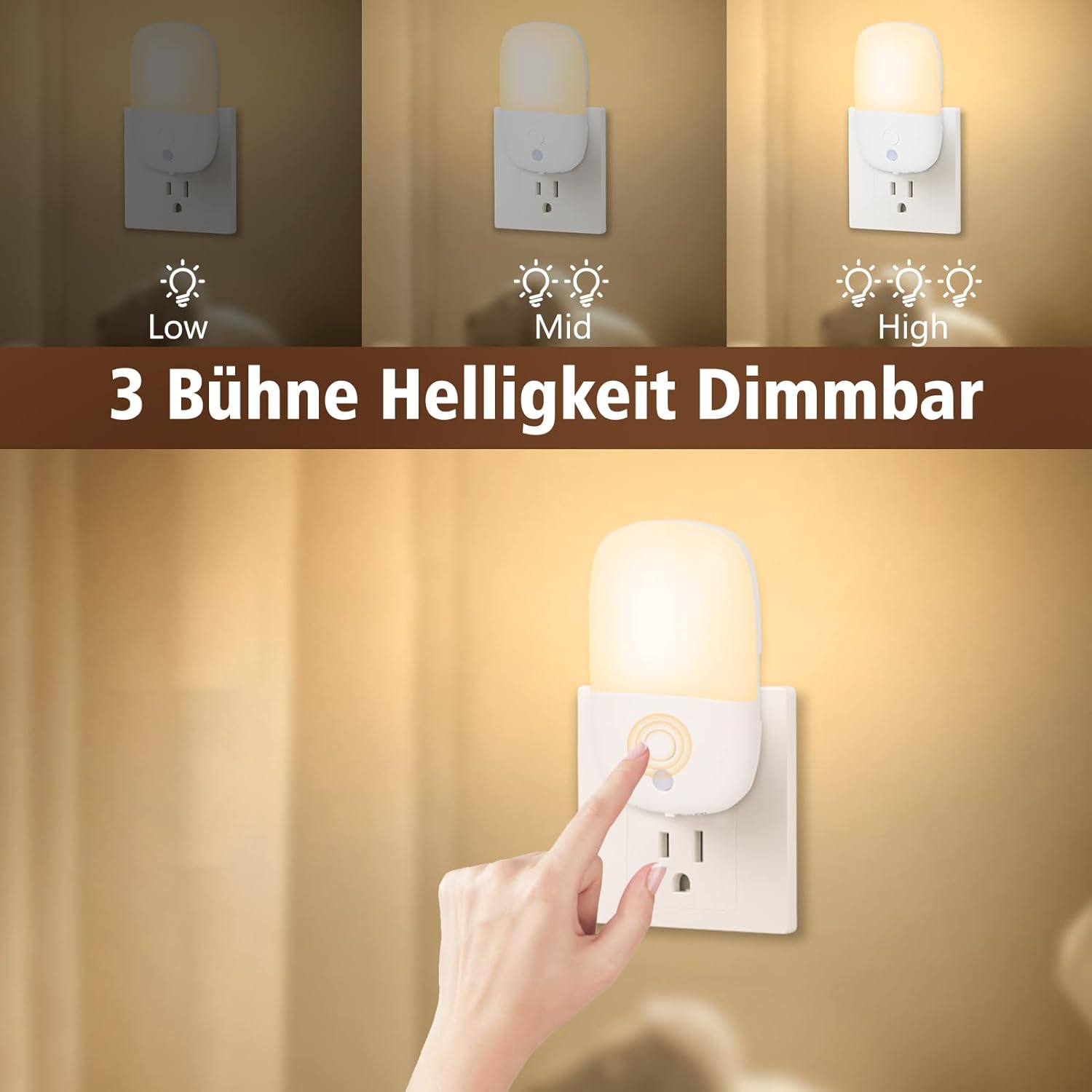 Thumbnail 2 de echosari Nachtlicht-Steckdose mit Dämmerungssensor (4er-Set, Warmweiß) – ON/OFF/AUTO mit Dimmen
