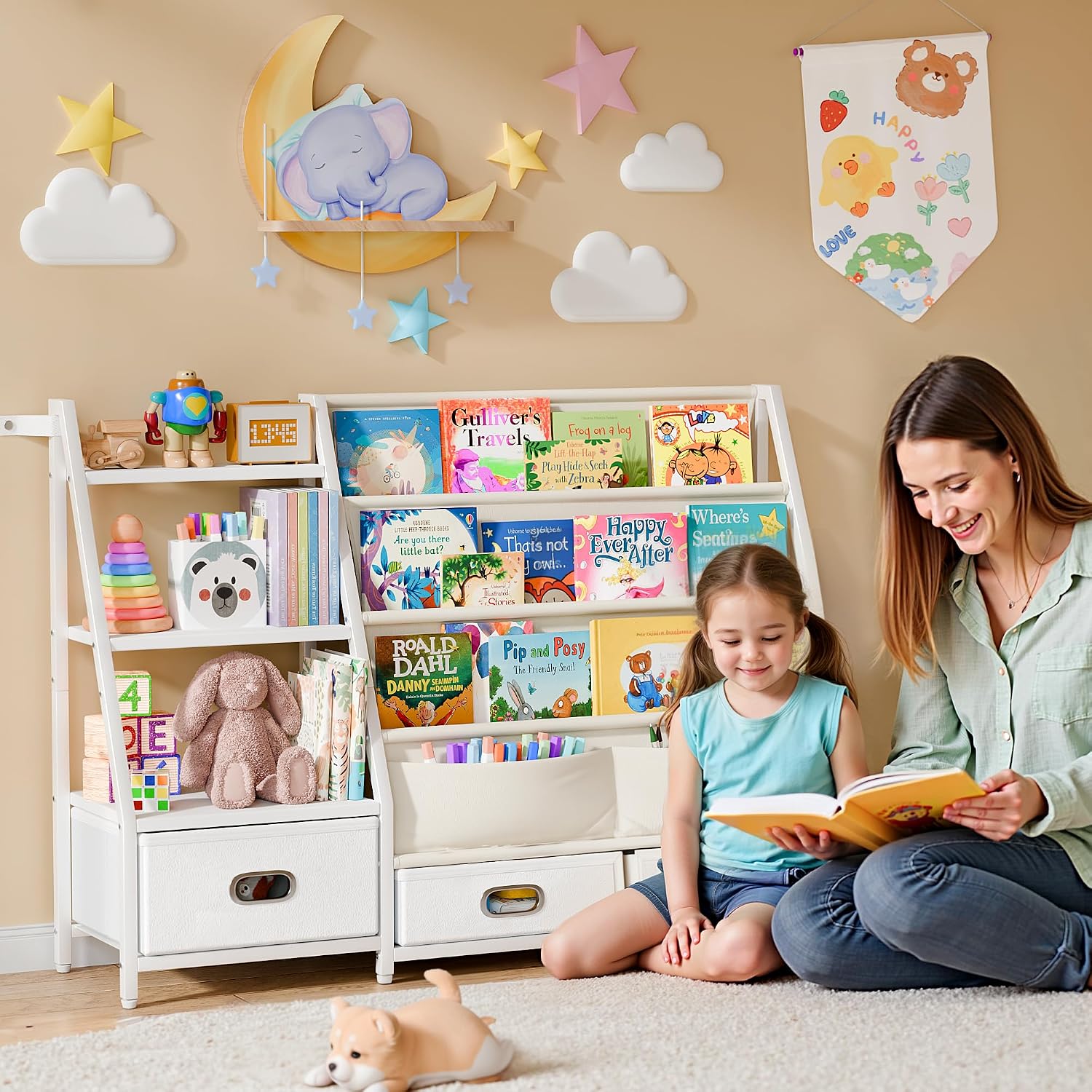 Detalle 1 de POZILAN SJ08 Kids’ Bookshelf and Toy Organizer, 3 Drawers, 3-Tier Shelf