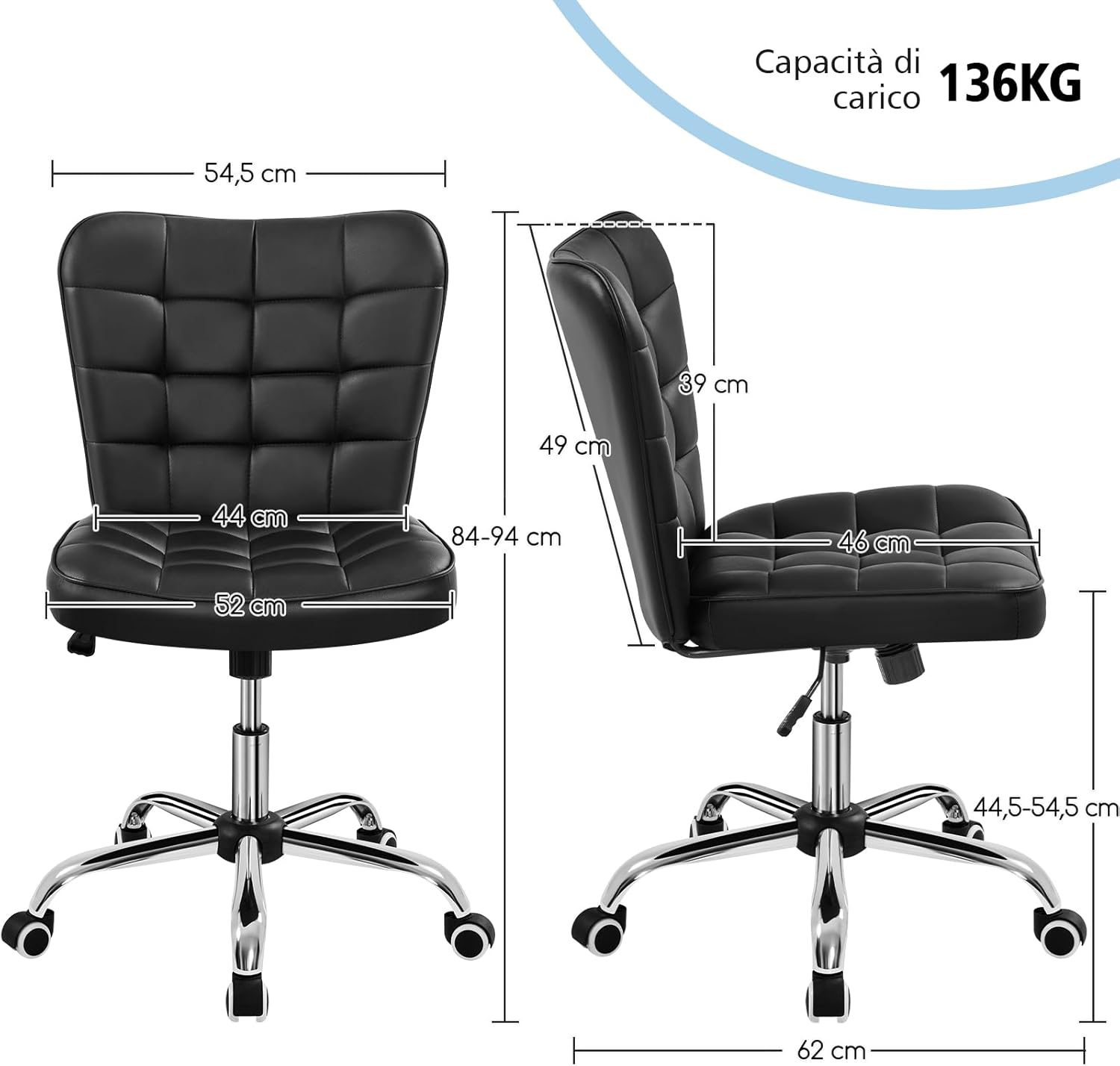 Detalle 2 de Yaheetech Srivania sedia ufficio ergonomica senza braccioli in ecopelle imbottita, girevole 360° e funzione dondolo, altezza regolabile fino a 136 kg