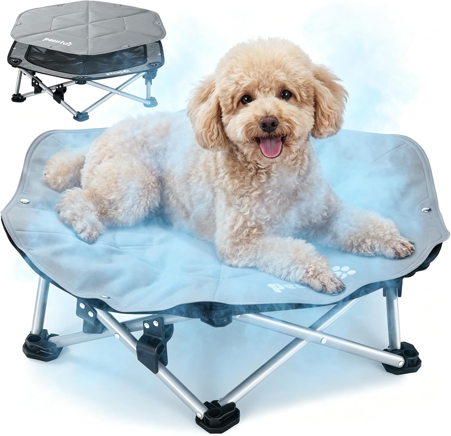 Detalle de pecute Dog Cooling Mat on Elevated Dog Bed — 3-Sec Pop-Up Raised Bed, Outdoor Cooling for Dogs