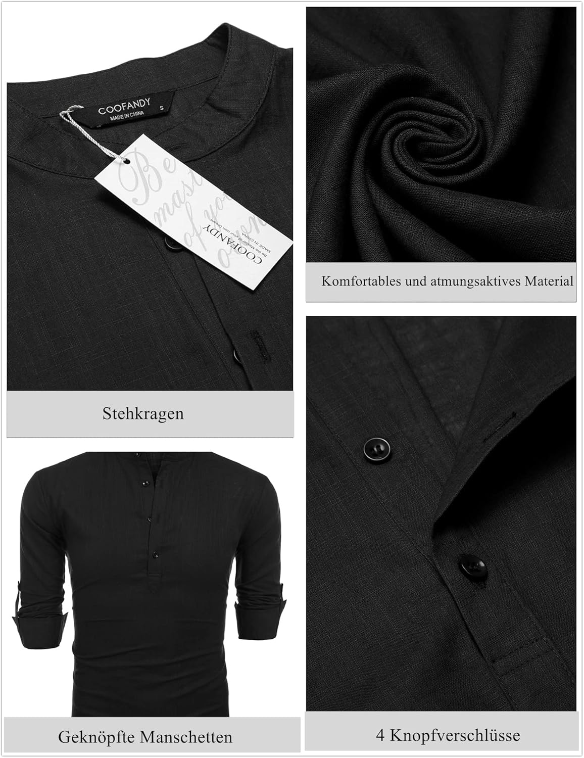 Detalle de COOFANDY Herren Langarm Henley Leinenhemd aus Baumwolle – Slim Fit, Sommer & Freizeit