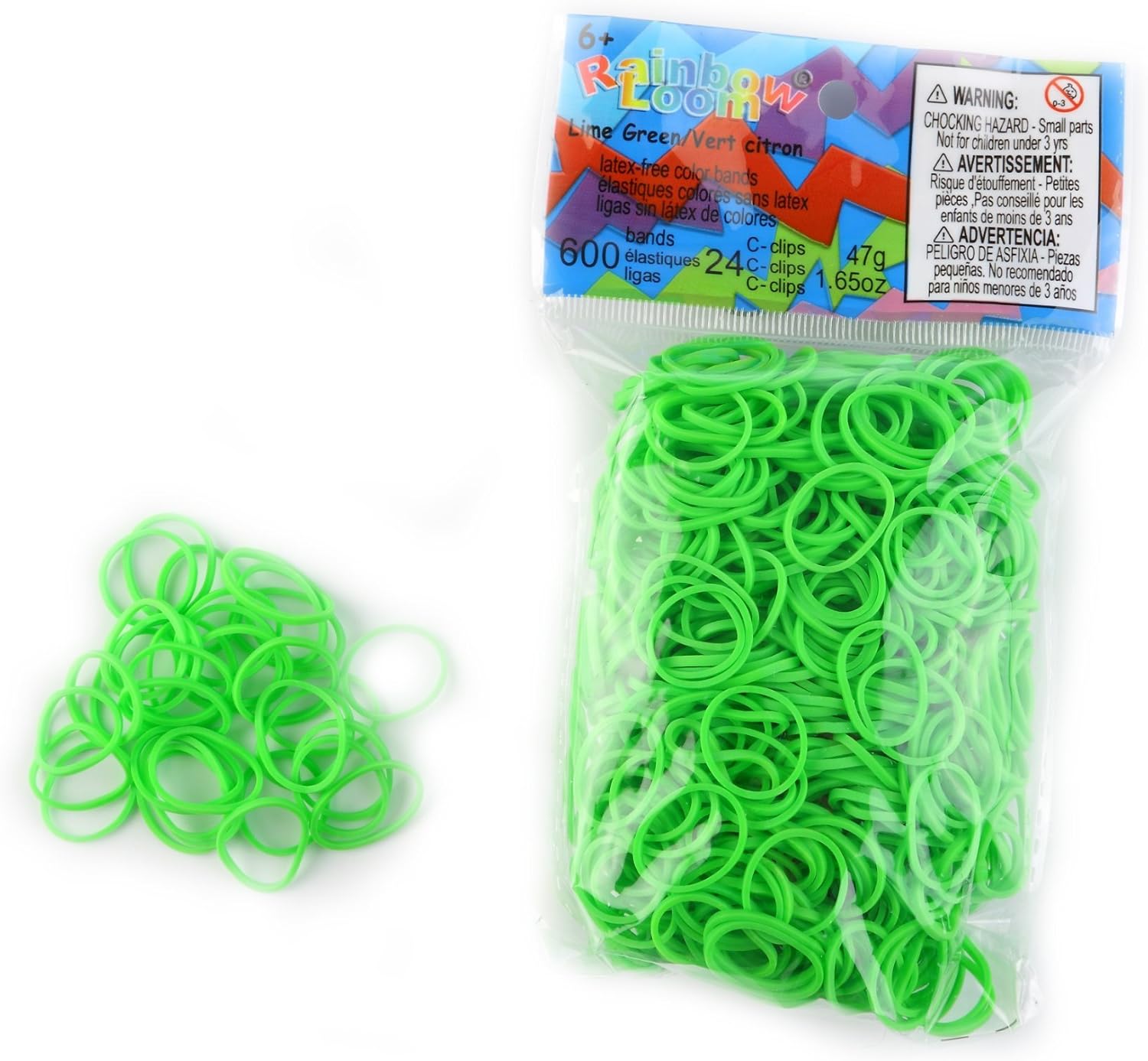 Detalle de Rainbow Loom elastiekjes limoengroen, 600 stuks met 24 sluitingen