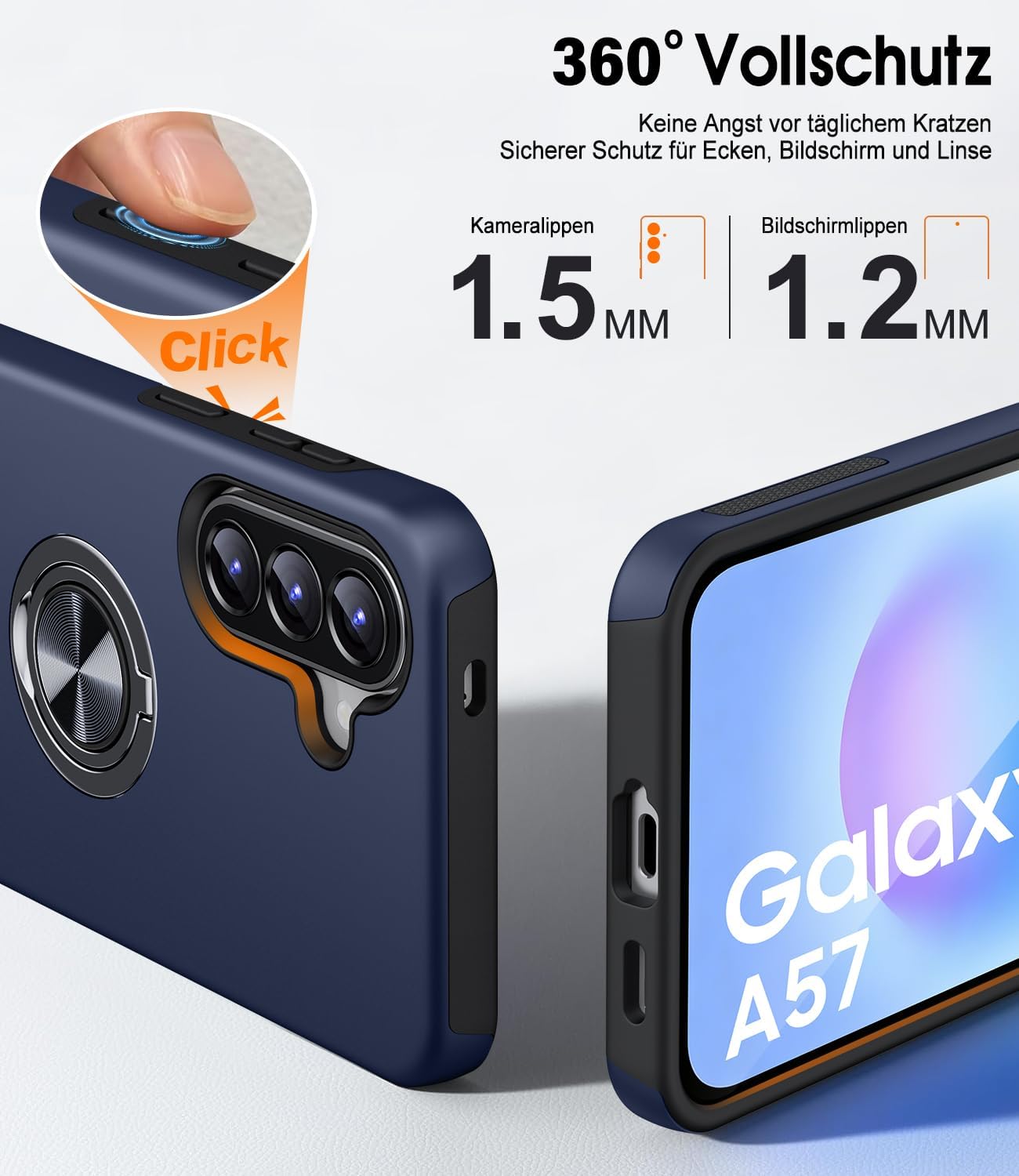 Detalle de AOUIA Hülle für Samsung Galaxy A57 5G mit 2x Panzerglas – 360° Ring-Ständer, Militärschutz, Blau
