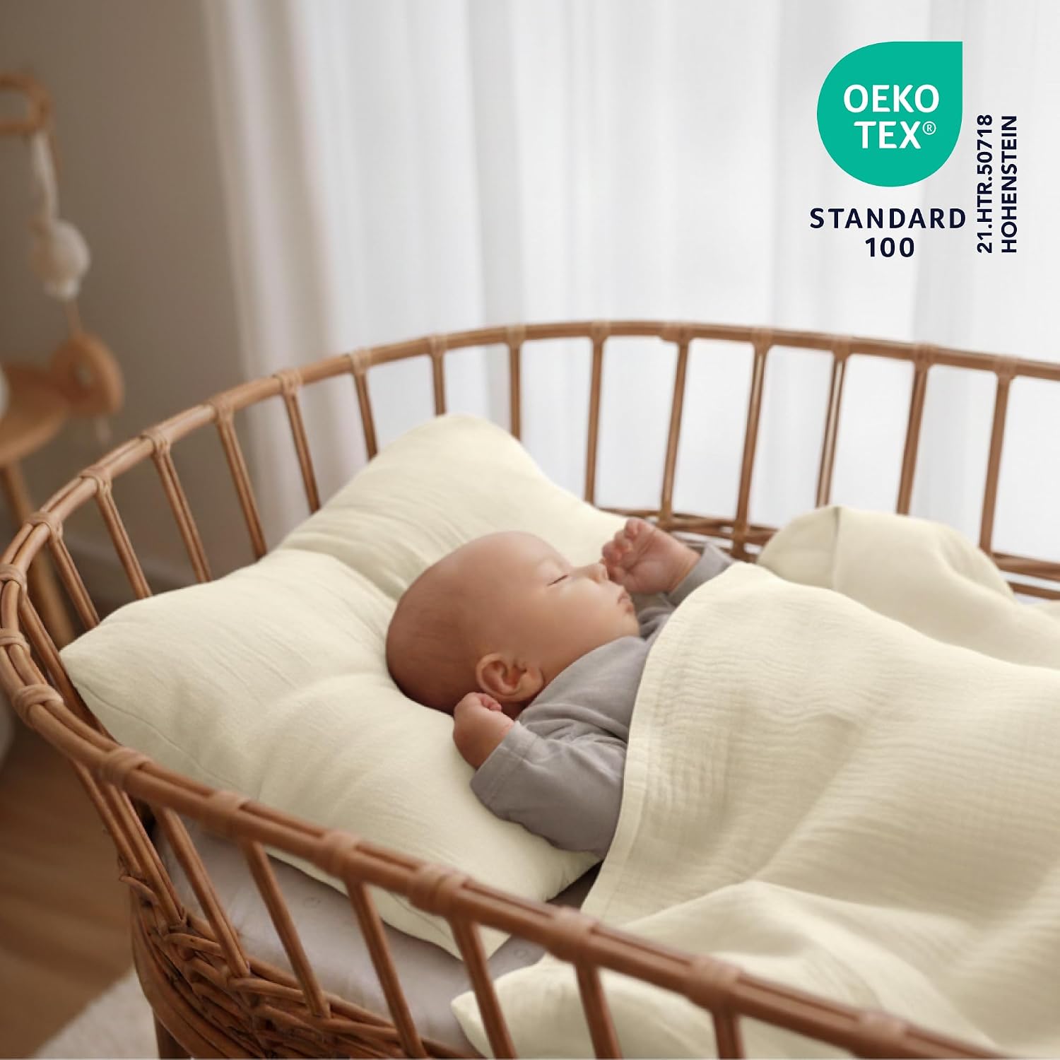 Detalle de Dreamzie Baby Bettwäsche 80x80 cm + Kissenbezug 35x40 cm – Musselin aus 100% Baumwolle, OEKO-TEX, atmungsaktiv & weich, Creme