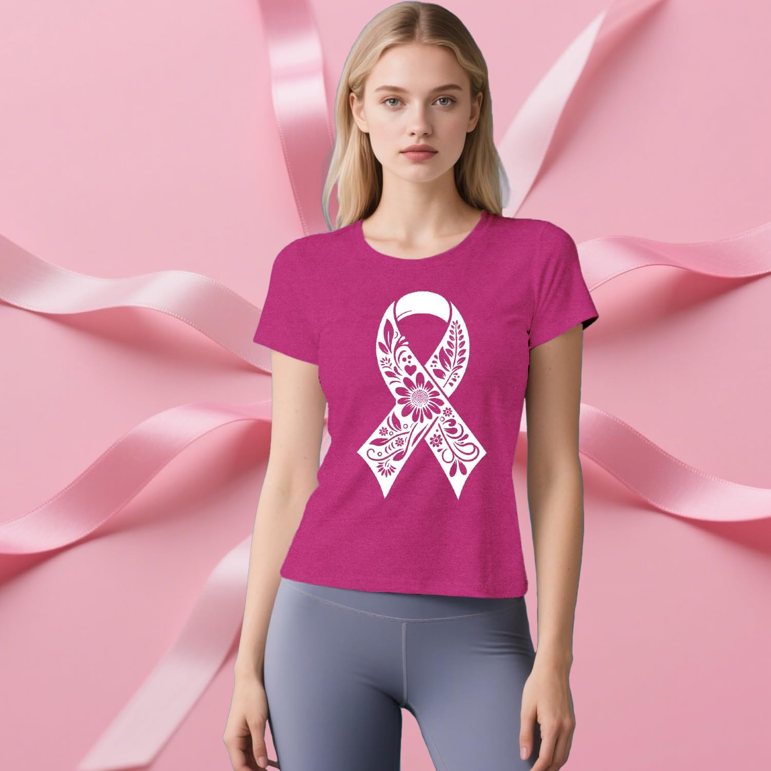 Detalle de Qskall Breast Cancer Awareness T-Shirt for Women with Pink Ribbon Floral Design