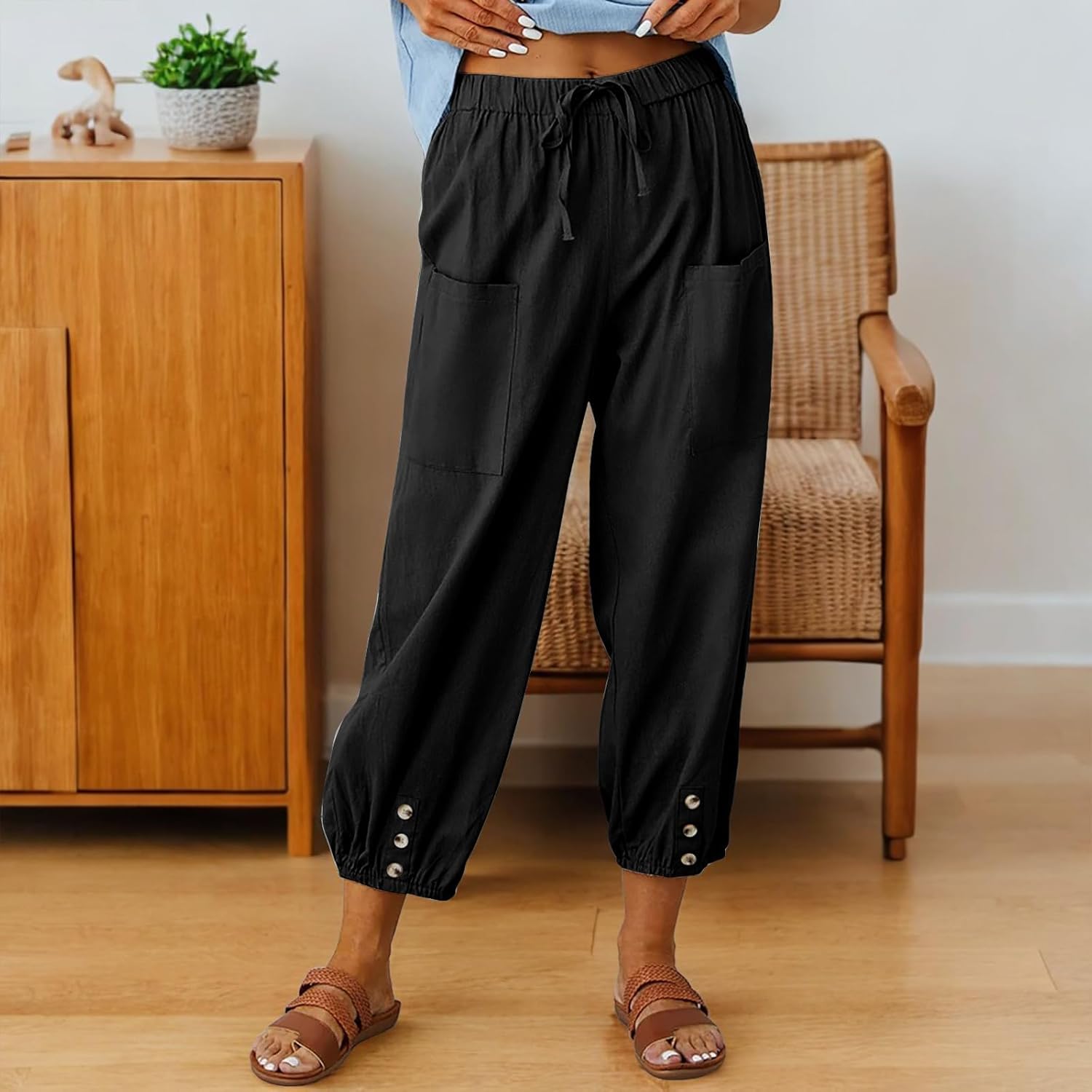 Thumbnail 3 de CrystErzoix Pantaloni Donna Estivi Leggeri in Cotone - 7/8 a Gamba Larga con Elastico in Vita