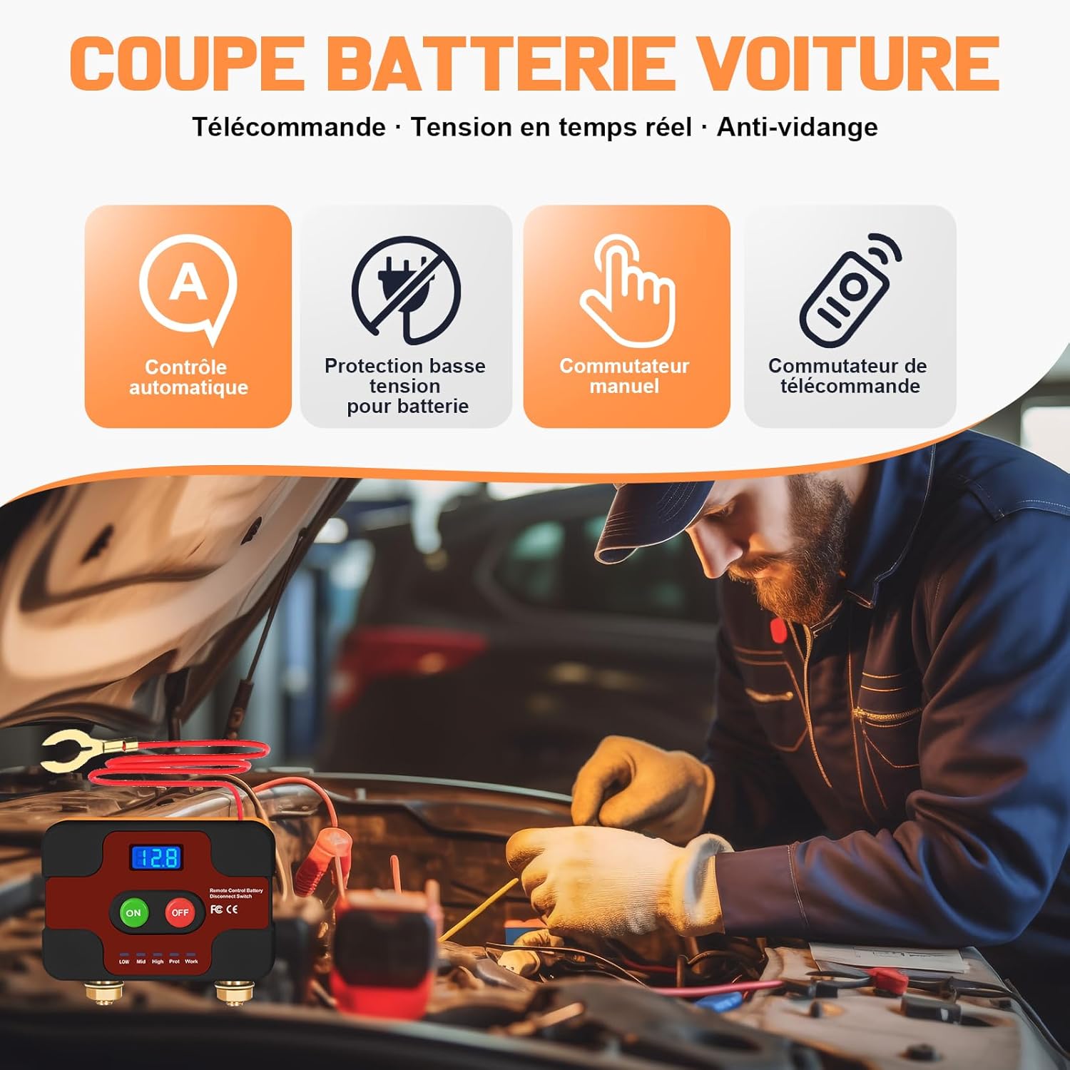 Detalle de Coupe-circuit batterie 12V sans fil avec affichage LED et télécommande – Red