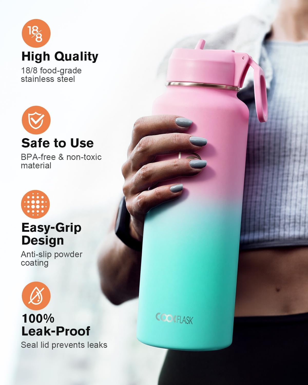 Detalle de Coolflask Long-lasting insulated water bottle, 40 oz, 3 lids, Bubblegum Princess