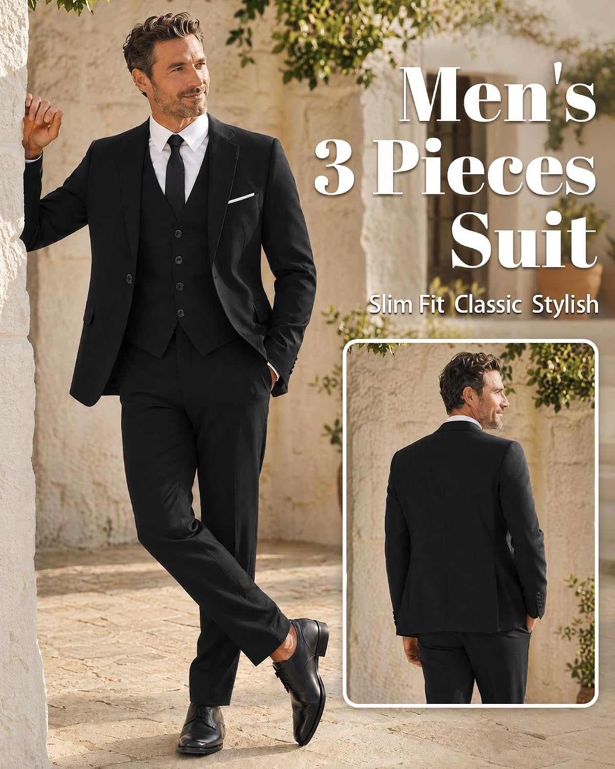 Thumbnail 1 de MY'S Men's 3 Piece Suit Set with Tie - Slim Fit One Button Jacket, Vest & Pants