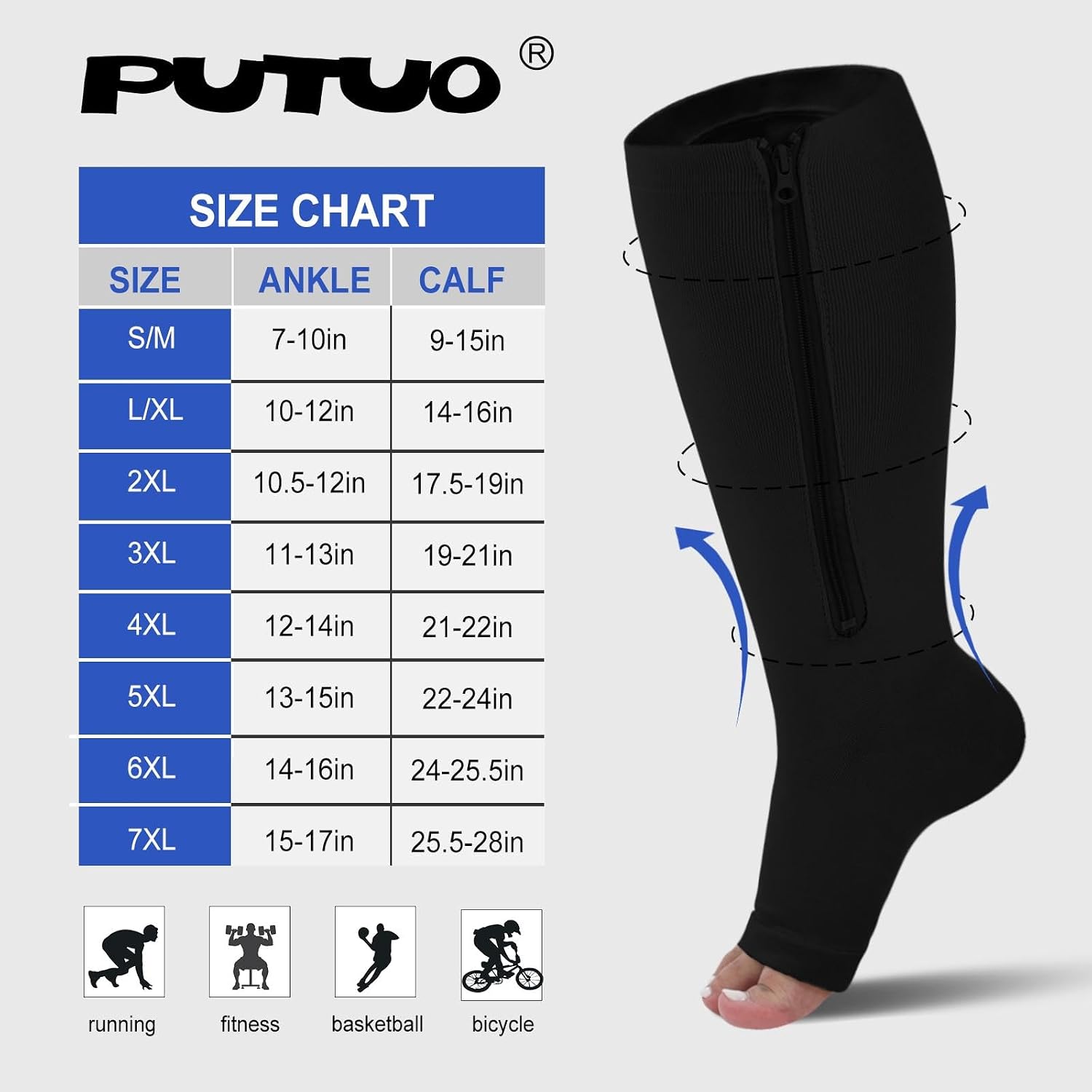 Detalle 2 de PUTUO Plus Size Compression Socks (Wide Calf, Zip Flight Sock) – 20–30 mmHg Open Toe Support Stockings, Extra Large