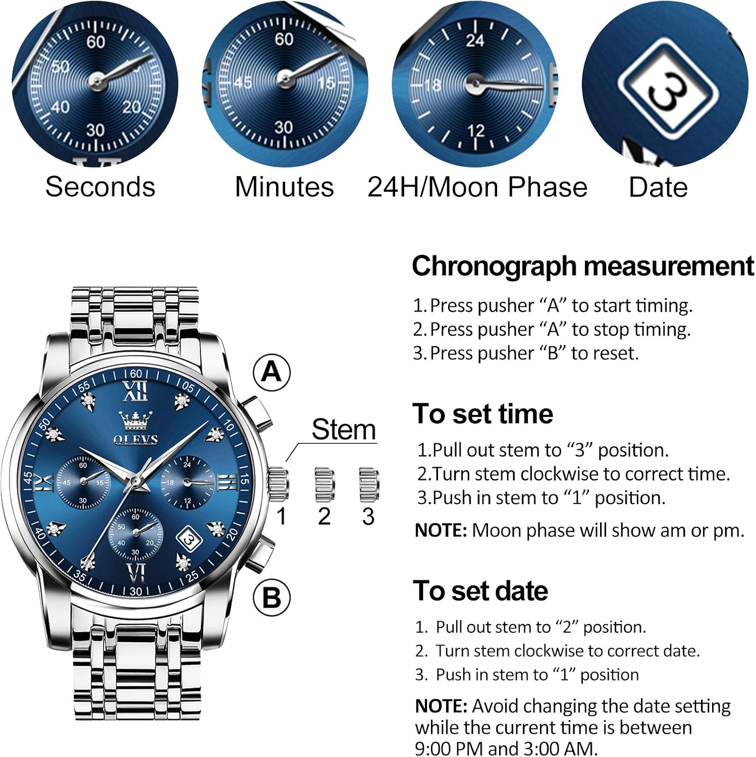 Detalle de OLEVS Men's Chronograph Watch: Gold & Silver Stainless Steel with Diamond Accents