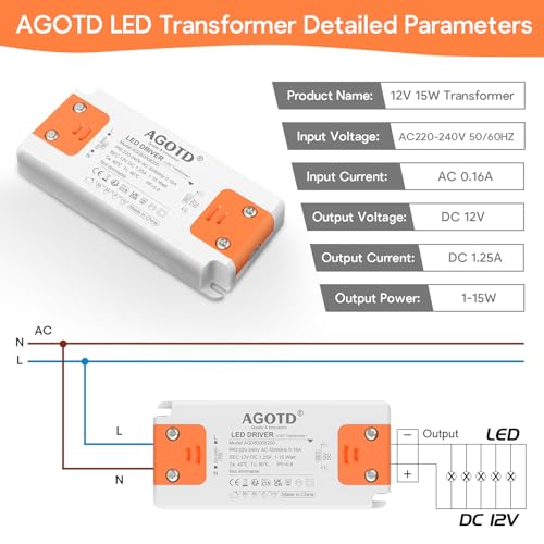 Detalle de Transformateur LED AGOTD 220-240V vers DC 12V 1,25A, 15W – alimentation constante pour LED (intérieur)