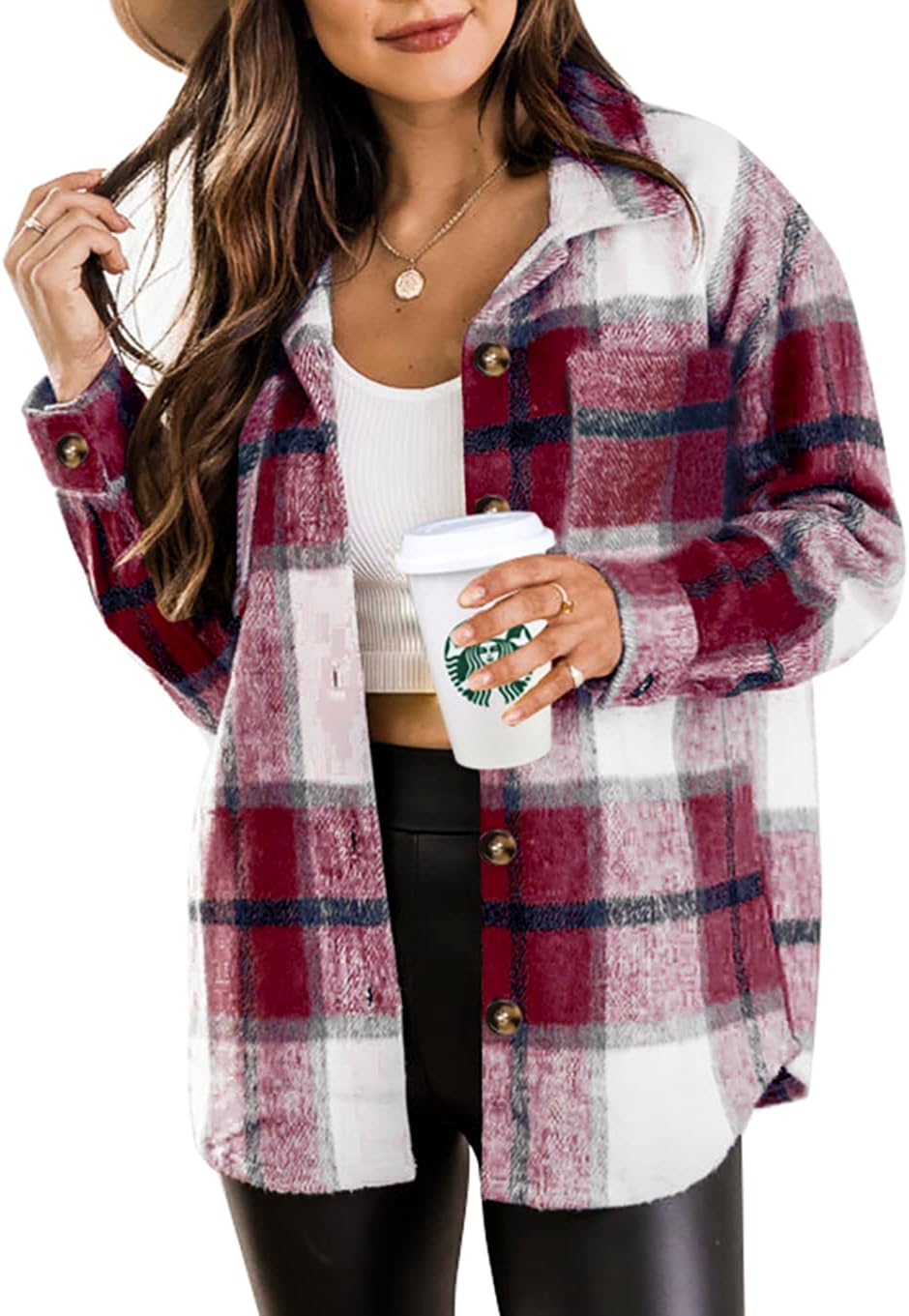 Detalle de Beaully Women's Flannel Plaid Shacket, Brushed Polyester, Button-Down with Pockets