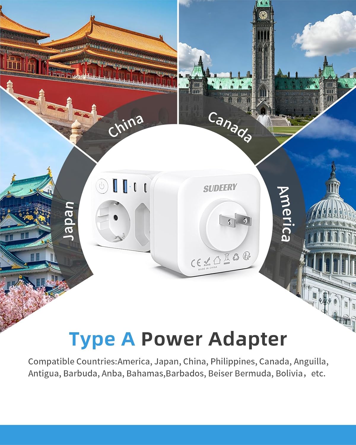 Detalle 2 de Deutschland-Nach-Japan Adapter mit 4 USB-Anschlüssen (2 Typ-C) – 2-Fach Reiseadapter, Schuko auf Typ A