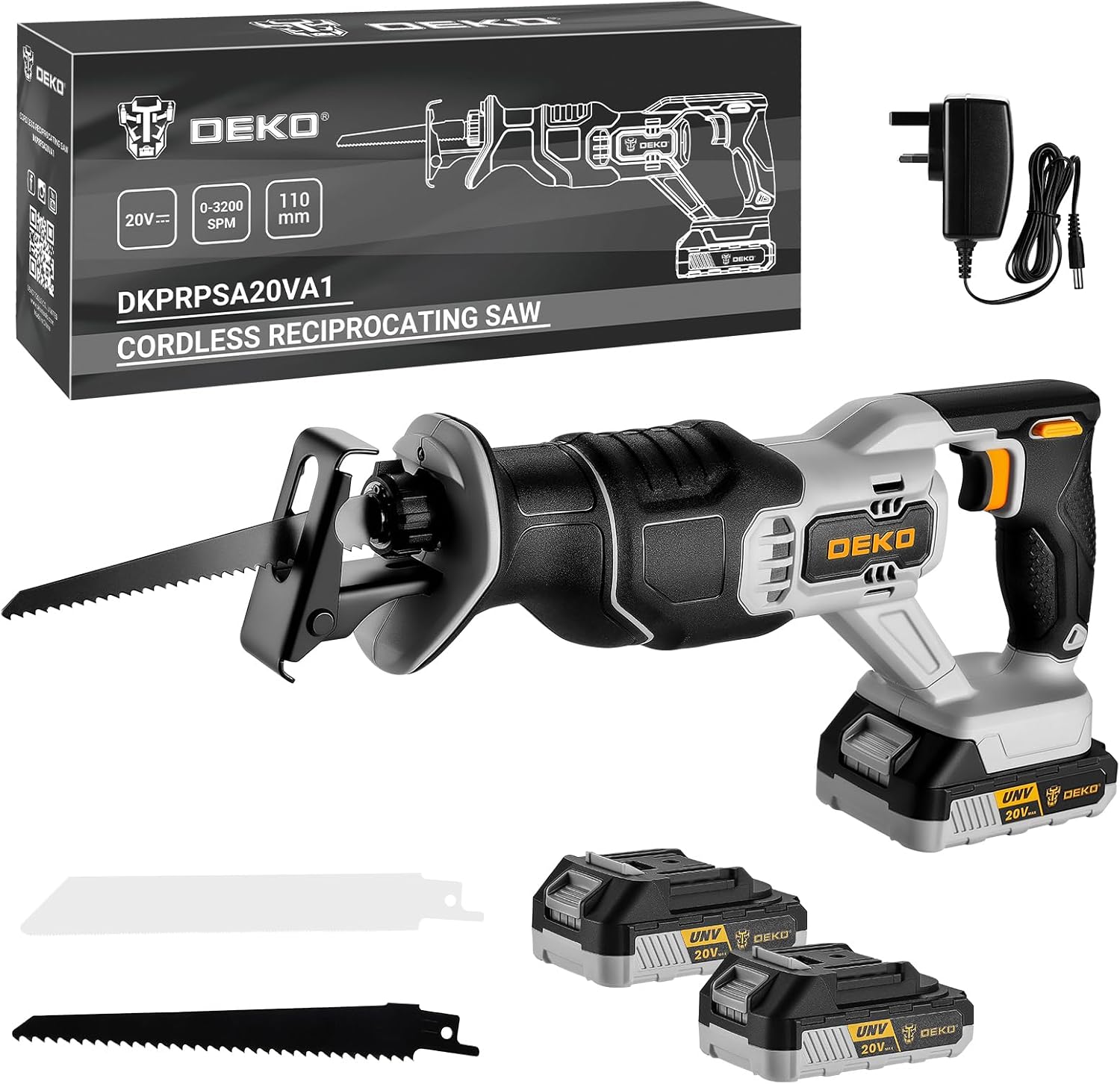 DEKOPRO 20V Cordless Reciprocating Saw with 2x2Ah Batteries – 3200 SPM Variable Speed