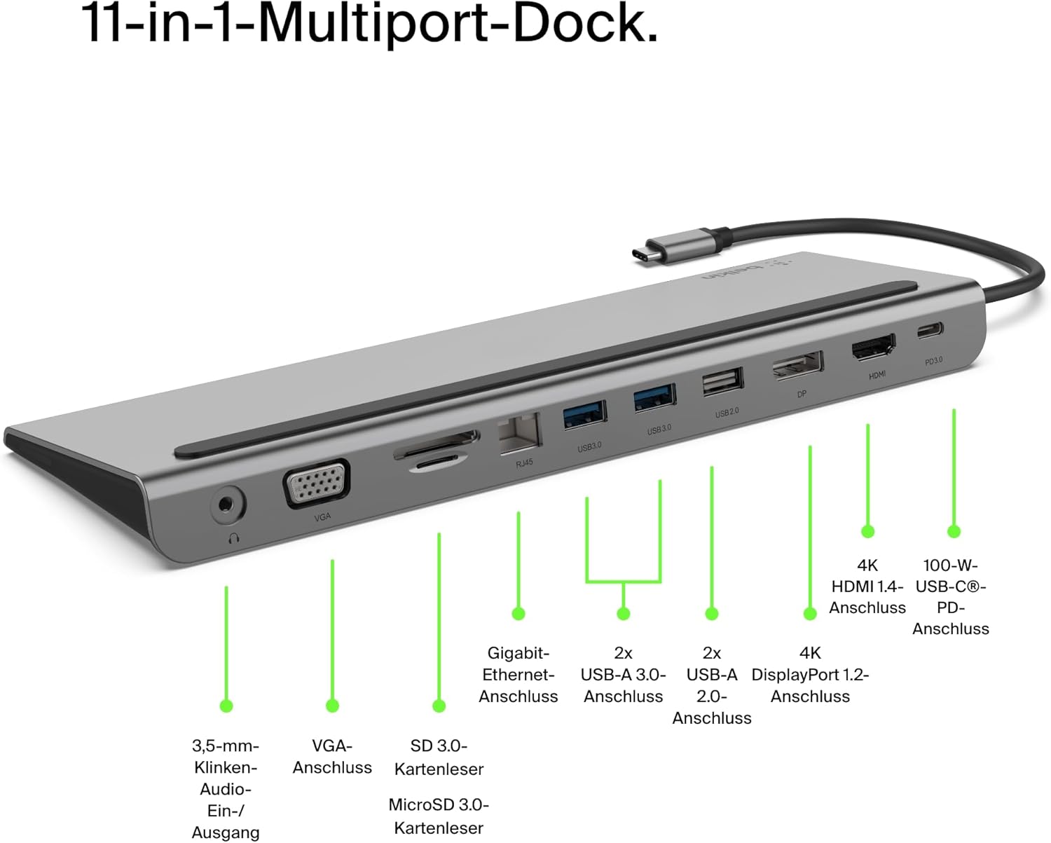 Thumbnail 1 de Belkin USB‑C‑Hub 11‑in‑1 MultiPort Adapter Dock mit 4K‑HDMI, DisplayPort, VGA und 100‑W‑Laden