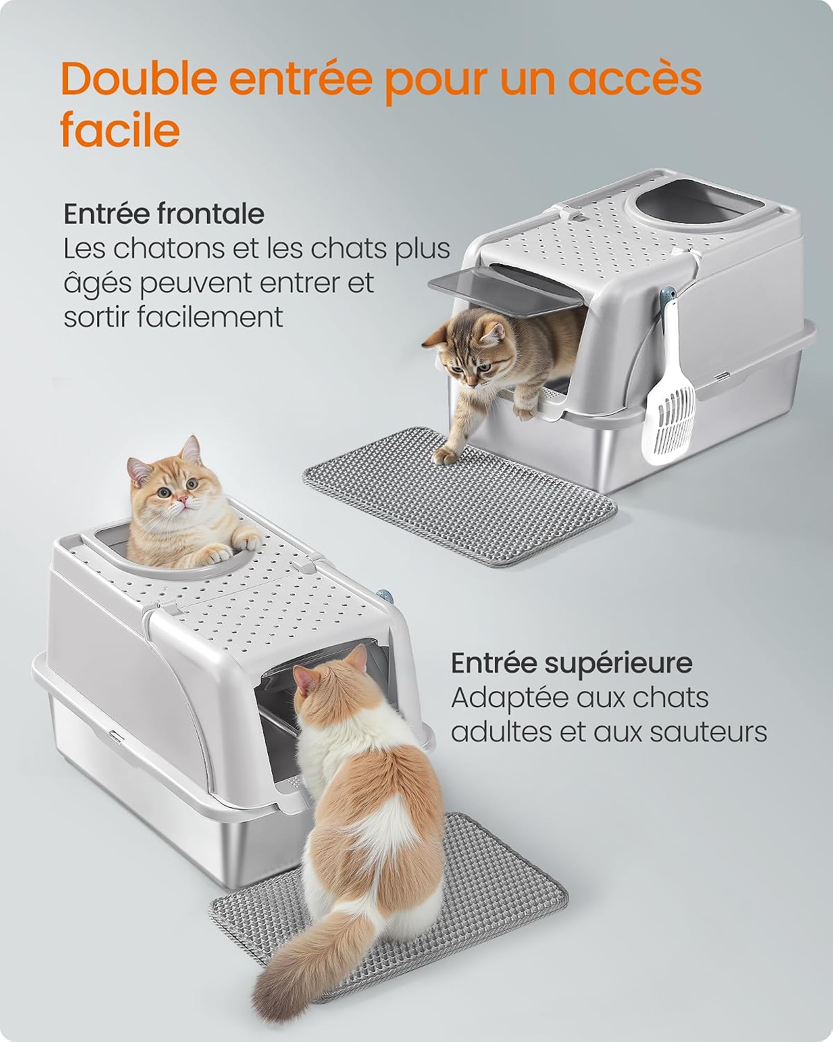 Thumbnail 4 de Feandrea Bac à Litière pour Chat en Acier Inoxydable – Grand modèle avec couvercle basculant et double entrée