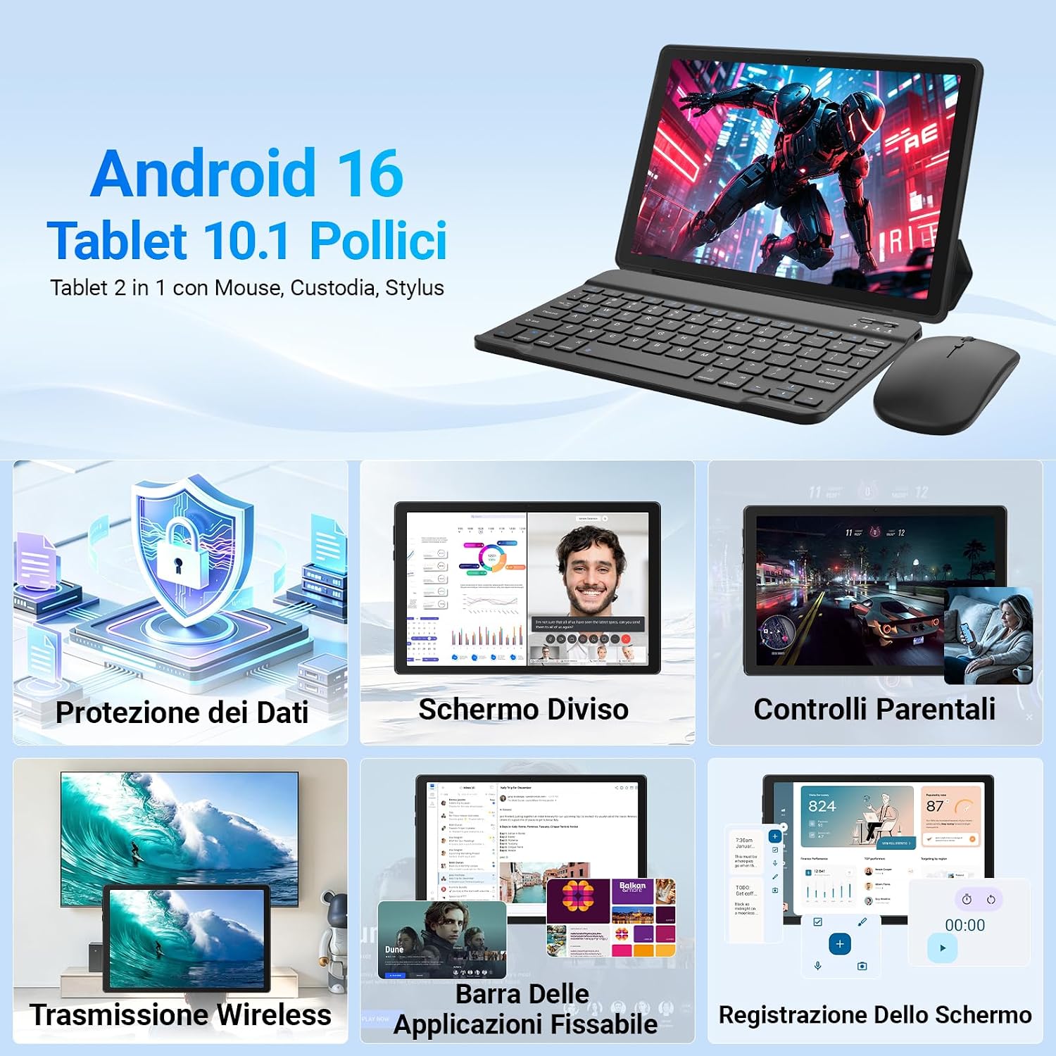 Detalle de Gleeso Tablet Android 16 da 10'' con Tastiera e Accessori: 20GB RAM, 64GB ROM espandibile a 1TB