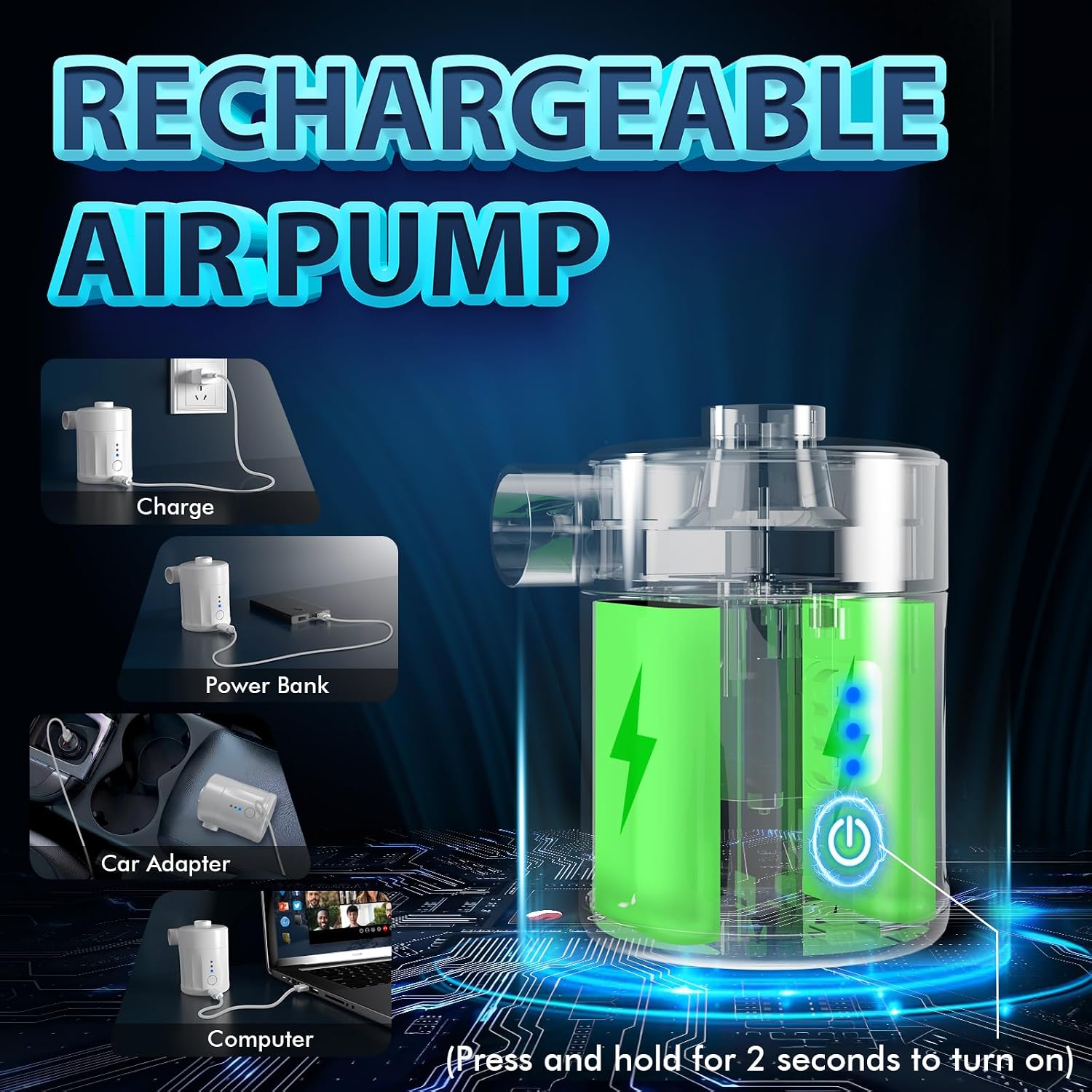 Thumbnail 2 de Mojimdo Portable Electric Air Pump for Inflatables: 2-in-1 Convenience for Airbeds, Pools and More