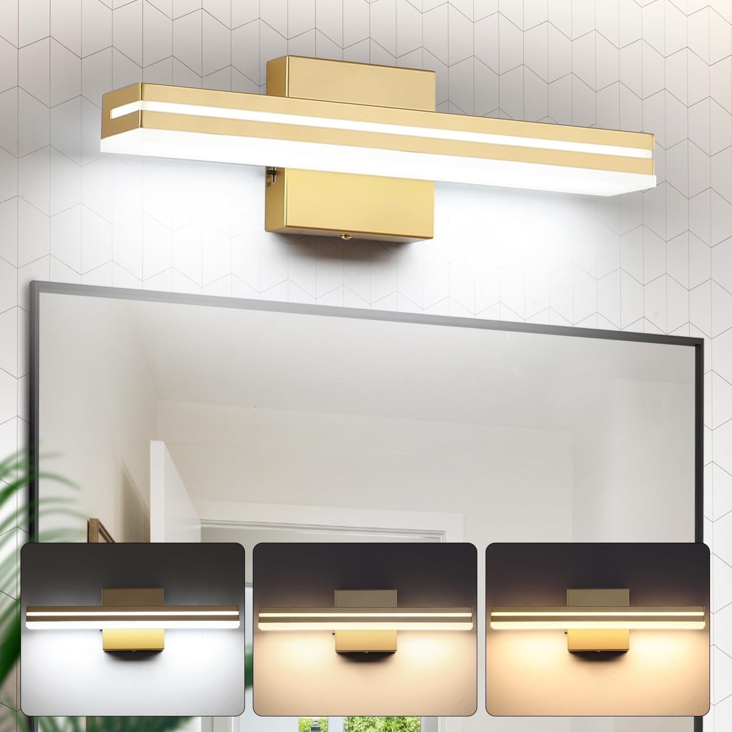 Detalle de SineRise 603903aa-3e15-4b13-a5d6-2ffb60285ba0 16-Inch LED Vanity Light, Dimmable, Gold