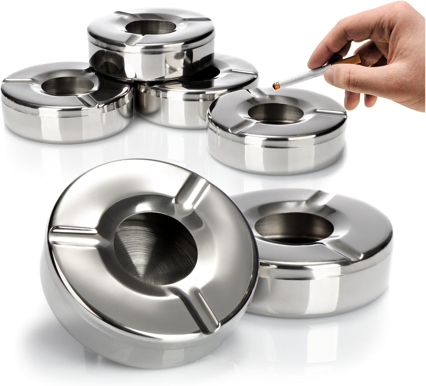 Detalle de COM-FOUR® Ensemble de 6 cendriers en acier inoxydable avec couvercle amovible, Ø11 cm