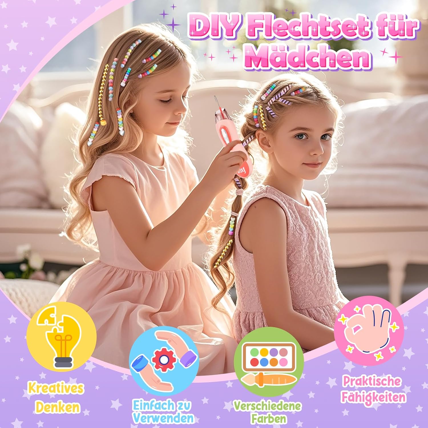 Detalle 2 de Geschenk Mädchen 6–10 Jahre: DIY Haarflechtset mit Haarperlen & Flechthilfe
