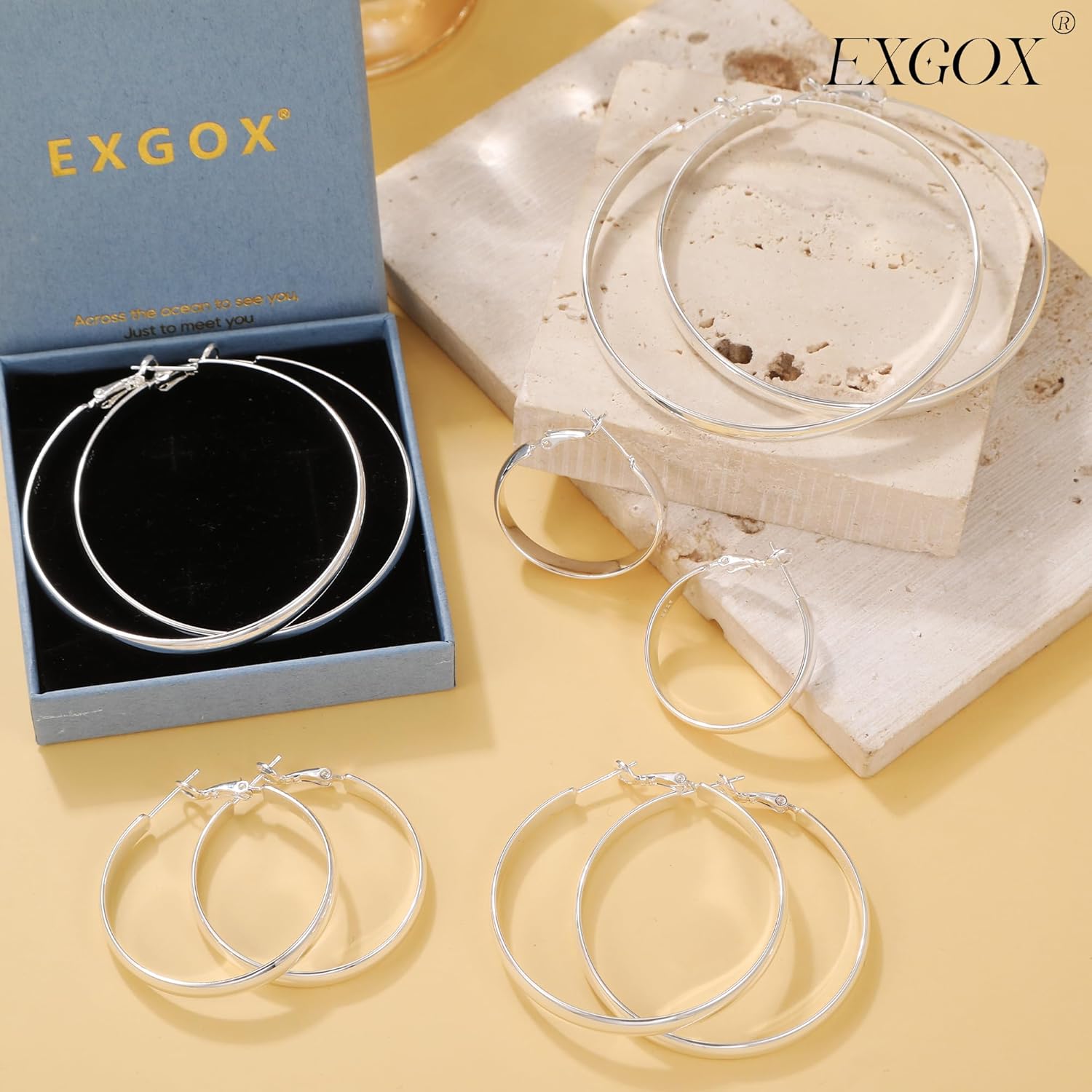 Thumbnail 4 de EXGOX Creolen Silber 925 Damen, 5 mm Breite, Groß 30–70 mm, Goldüberzogen