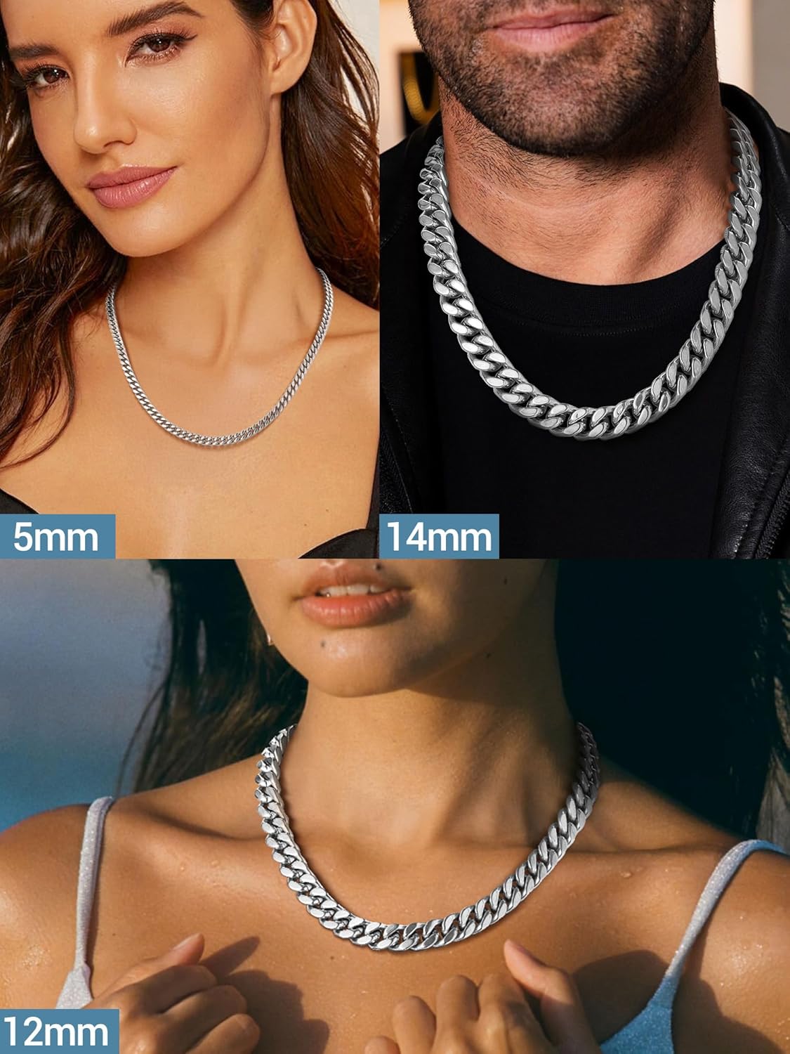 Thumbnail 3 de PROSTEEL Collana a catena cubana Miami in acciaio 316L (5/12/14 mm) impermeabile e resistente allo sbiadimento