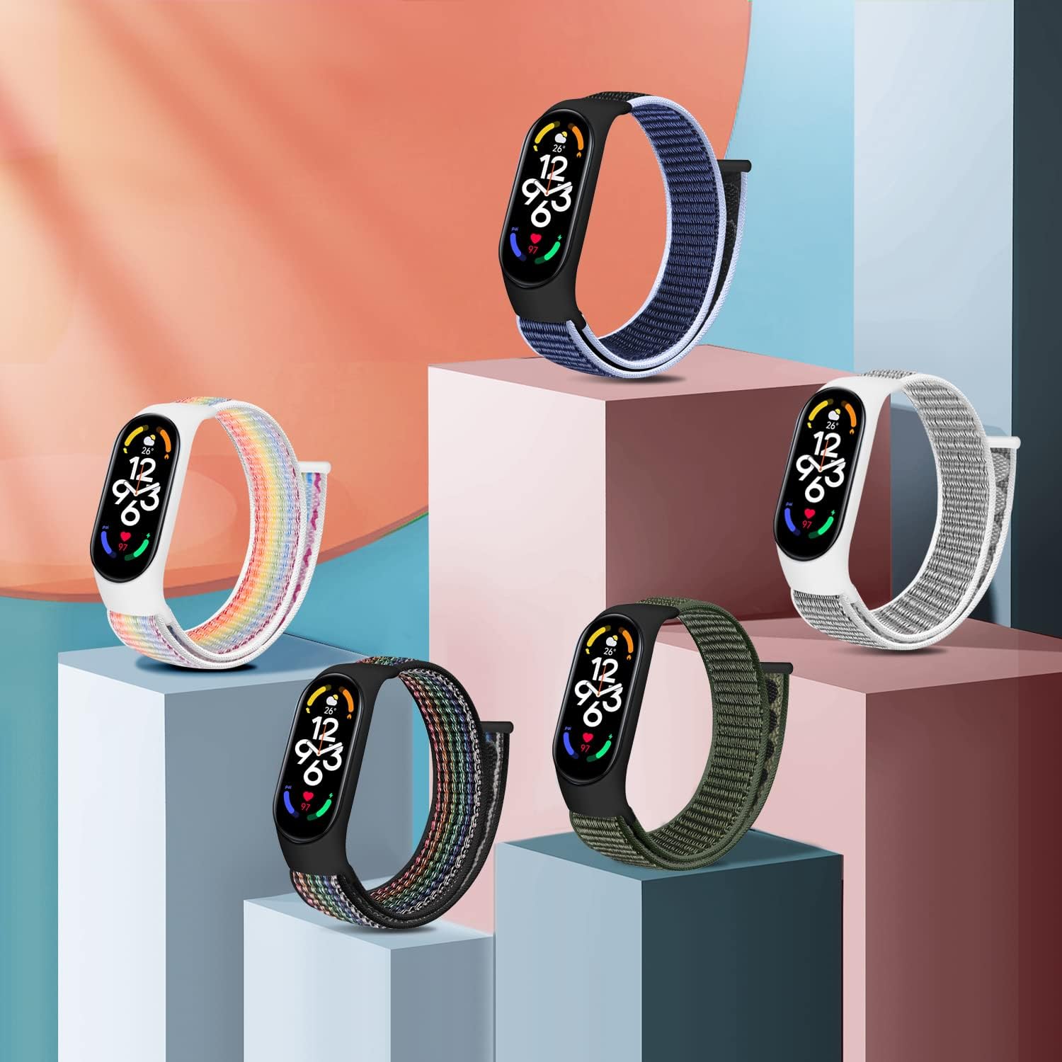 Detalle de Tiptops Nylonarmband kompatibel mit Xiaomi Mi Band 7/6/5/4/3 und Amazfit Band 5 – atmungsaktiv, verstellbar, Klettverschluss