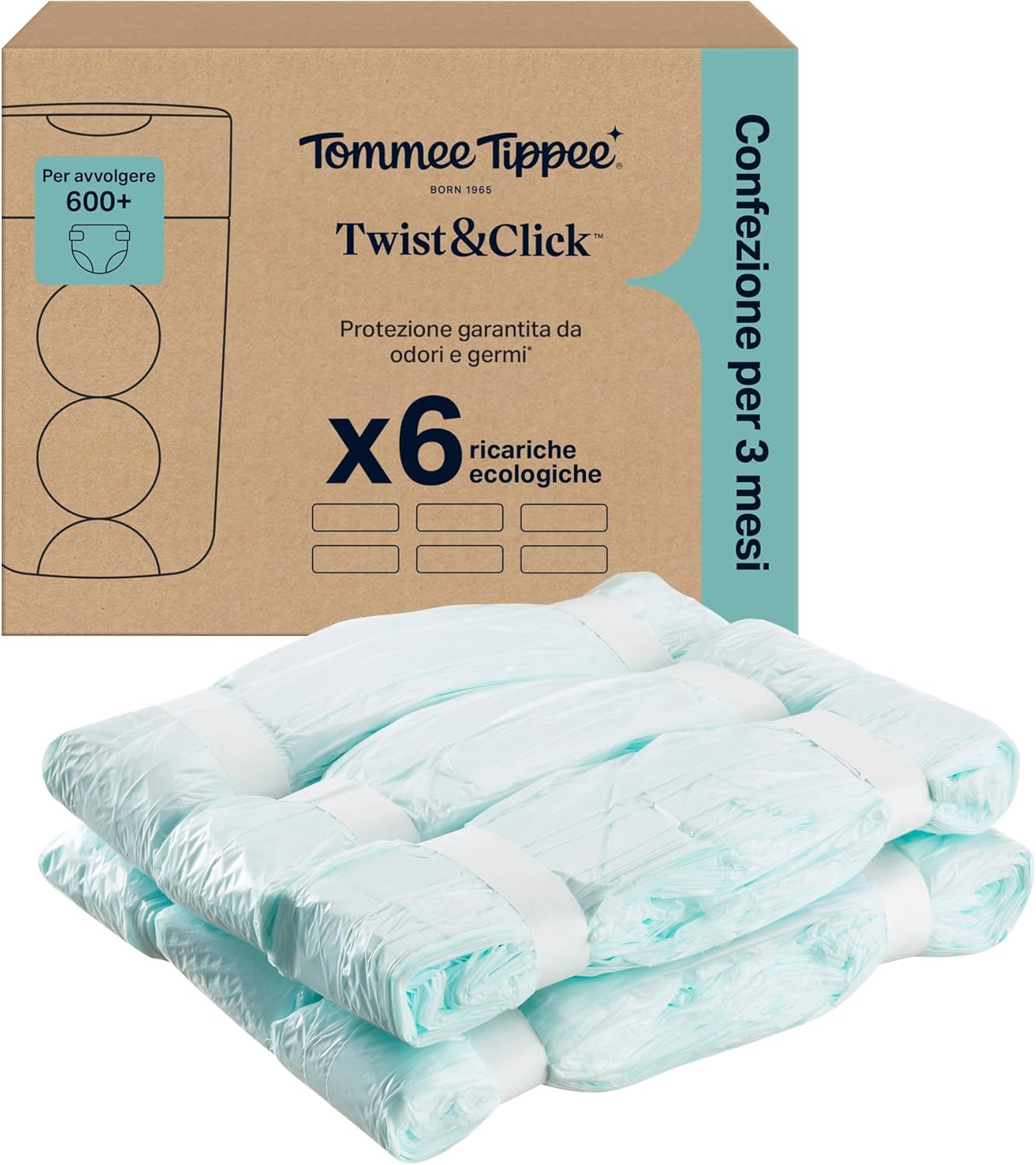 Tommee Tippee Sacchetti per mangiapannolini Twist & Click: 6 ricariche da 10,5 m con pellicola antibatterica