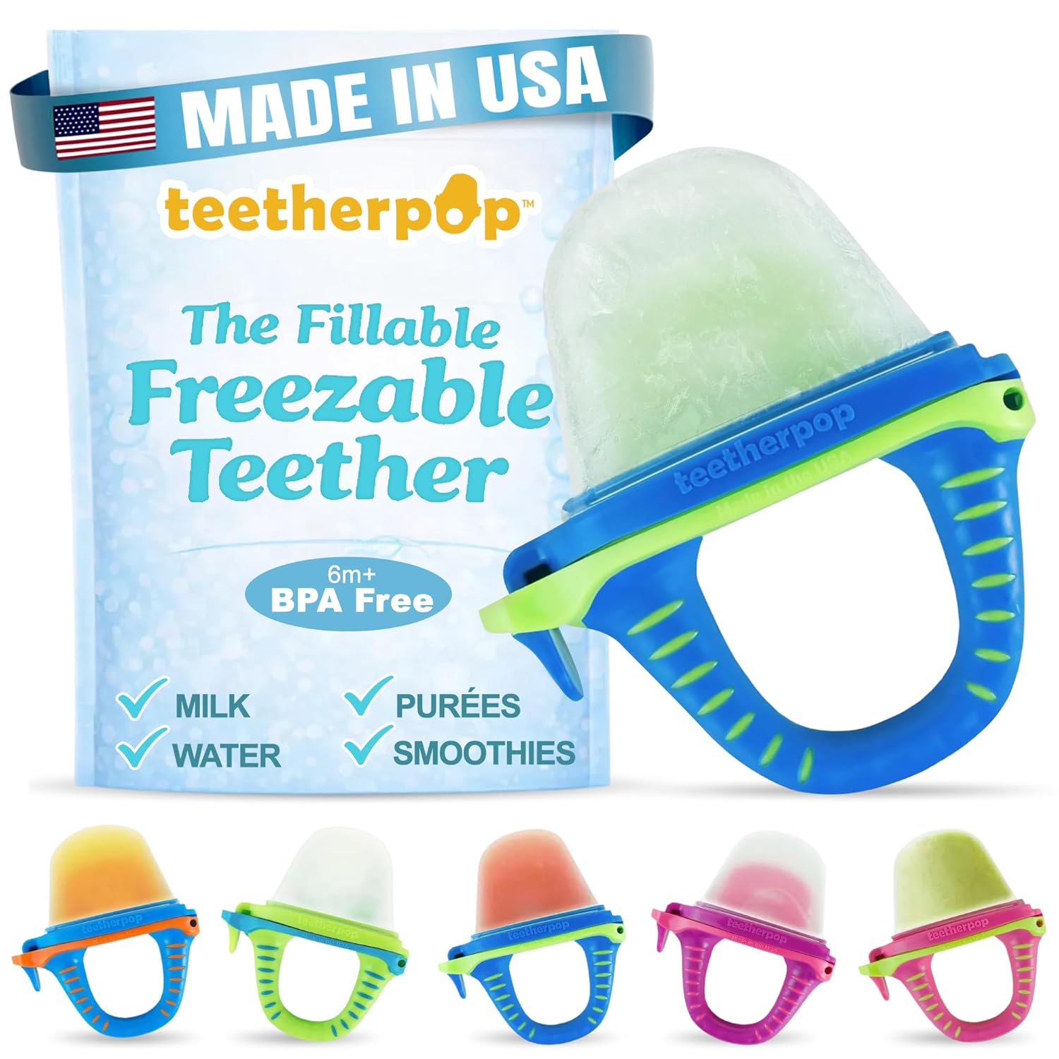 Teetherpop Fillable Freezable Teethers (Breastmilk Teether Feeder Pacifier) - BlueLime