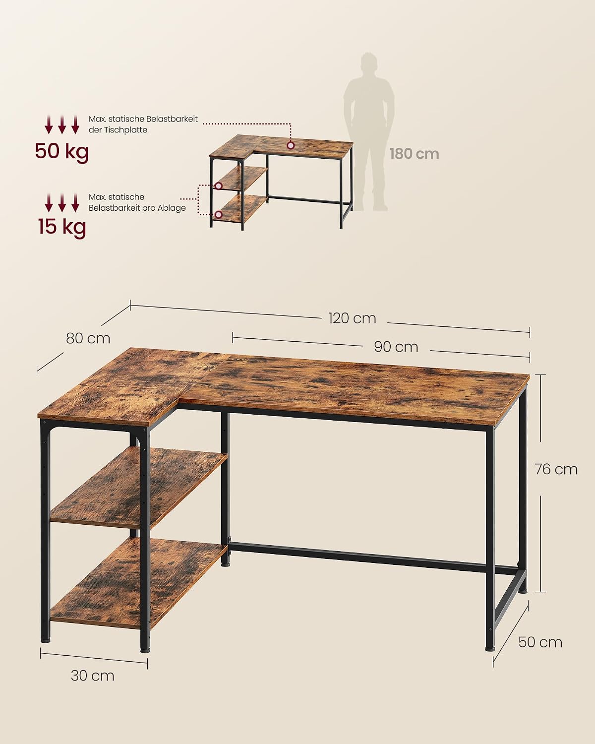 Thumbnail 2 de VASAGLE LWD136KD01 Eckschreibtisch in L-Form 120