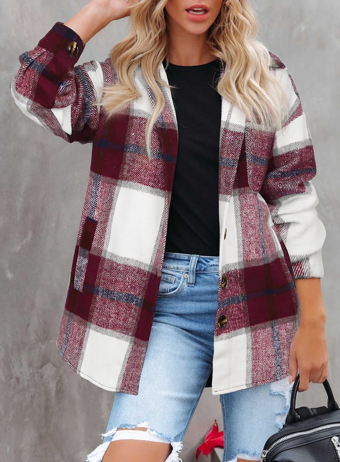 Detalle 1 de Beaully Women's Flannel Plaid Shacket, Brushed Polyester, Button-Down with Pockets