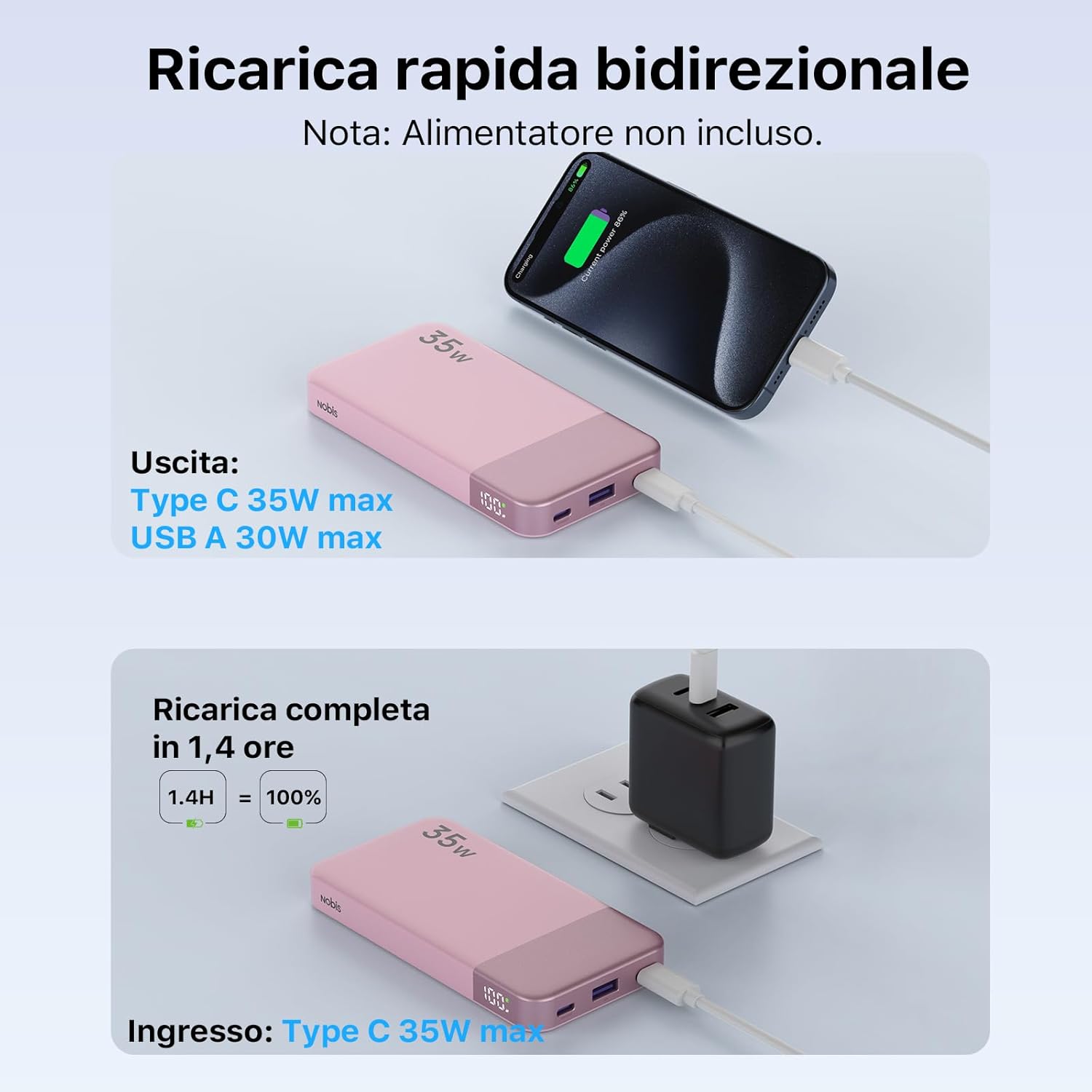 Thumbnail 2 de NOBIS Power Bank 35W Portatile da 10.000 mAh con ricarica rapida 2 USB-C e USB-A e display digitale