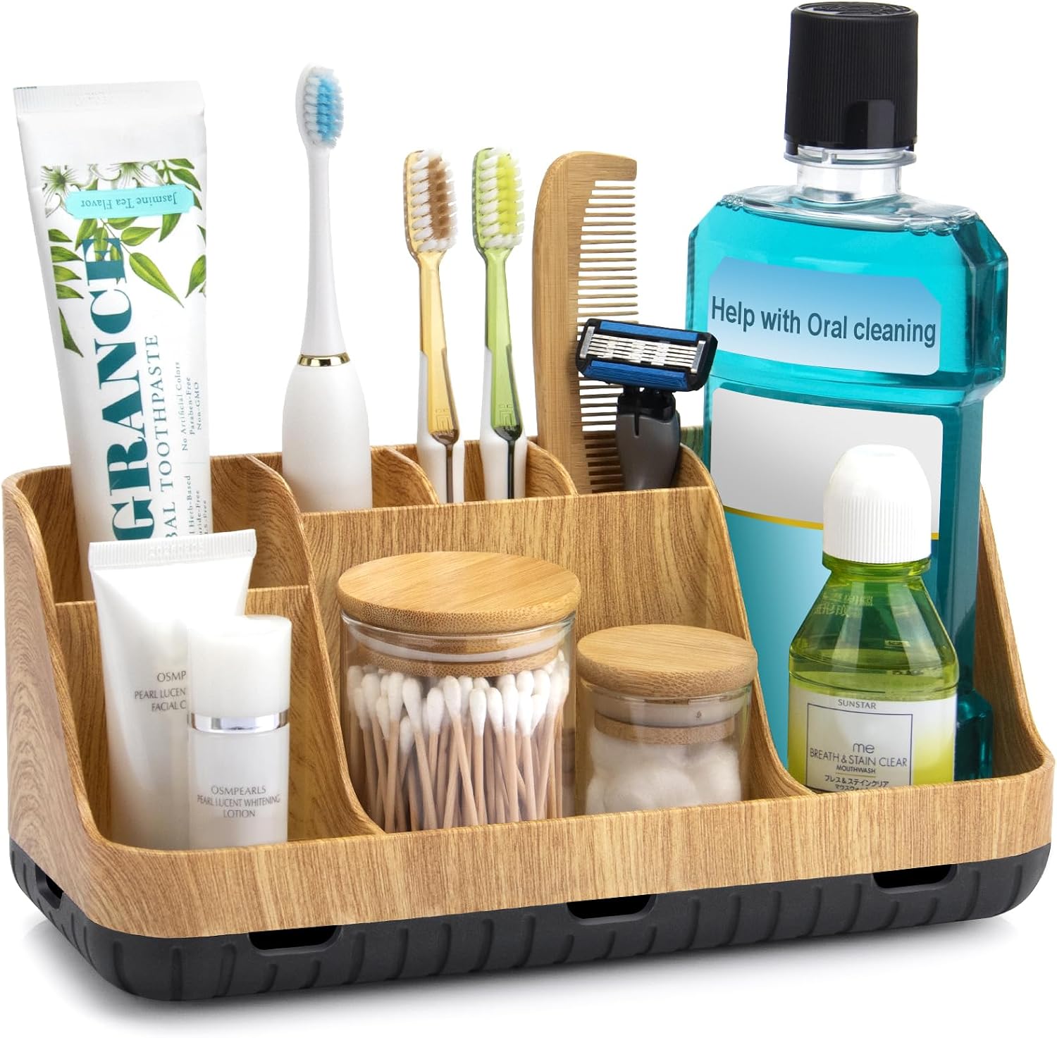 Detalle de GFWARE Bathroom Countertop Organizer, 7-Slot Woodgrain Toothbrush Holder