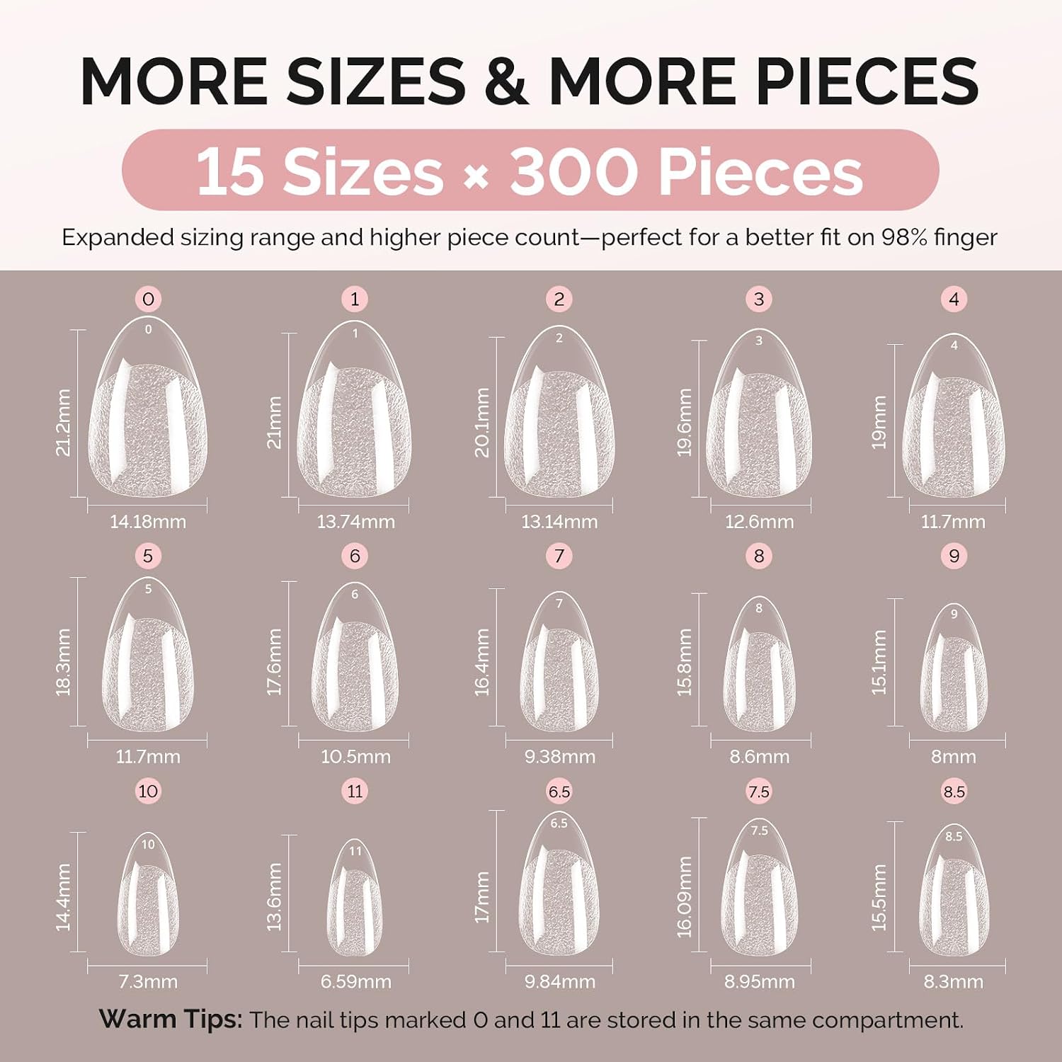 Thumbnail 5 de MelodySusie Short Almond X Nail Tips (300 pcs, 15 sizes) – Clear Acrylic Gel Press-On Tips with Half-Matte Finish