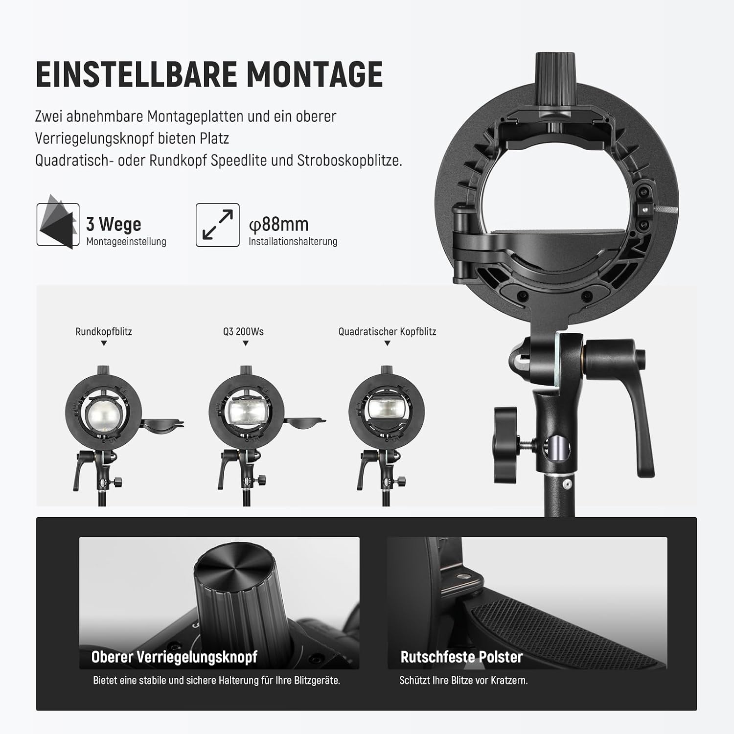 Detalle de NEEWER CRB1 S Speedlite-Halterung mit Bowens-Mount und Schirmloch (Typ S) für Studio- und Portrait-Blitz