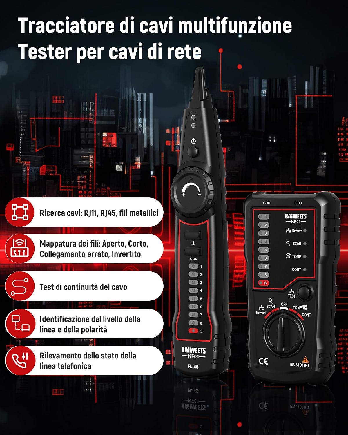 Detalle 2 de KAIWEETS tester RJ45 – Tester cavi RJ45 RJ11, tracciamento, mappatura pin e test di continuità