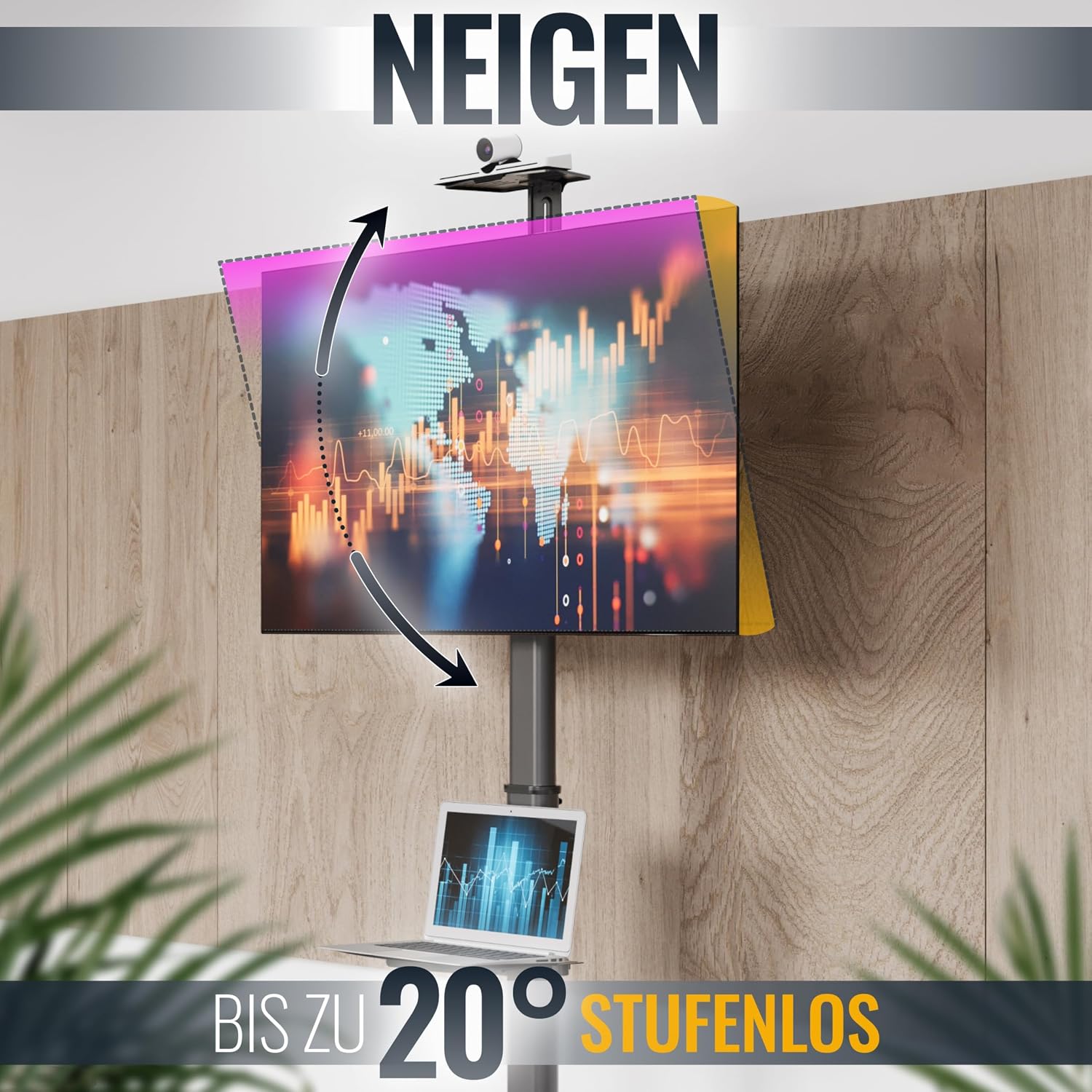 Detalle de RICOO TV Ständer Rollbar FS0364 für 40–85 Zoll: höhenverstellbar, dreh- und neigbar (VESA bis 600x400)