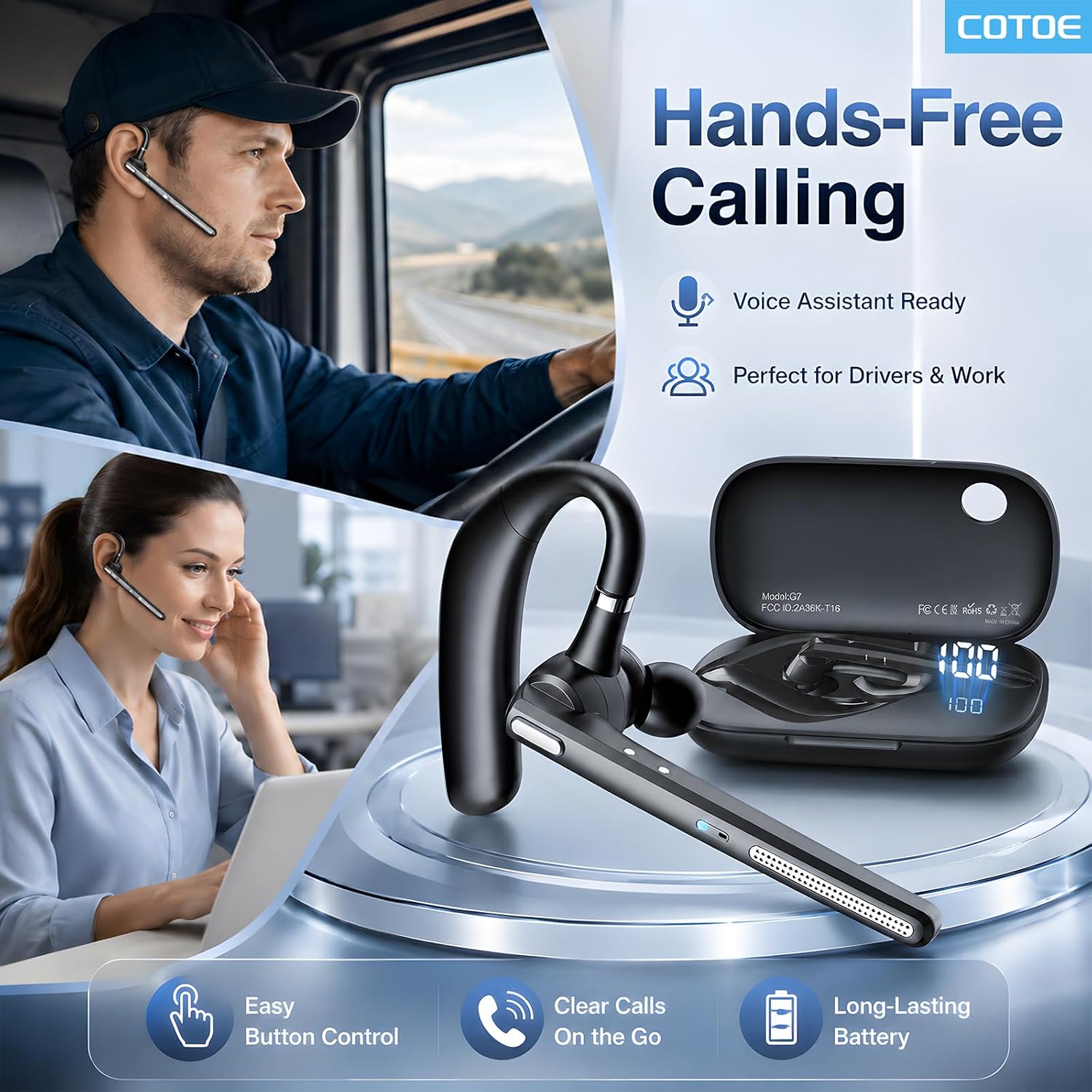 Detalle de COTOE G7 Bluetooth Earpiece with Noise-Canceling Mic, Mute Button & Bluetooth 5.3