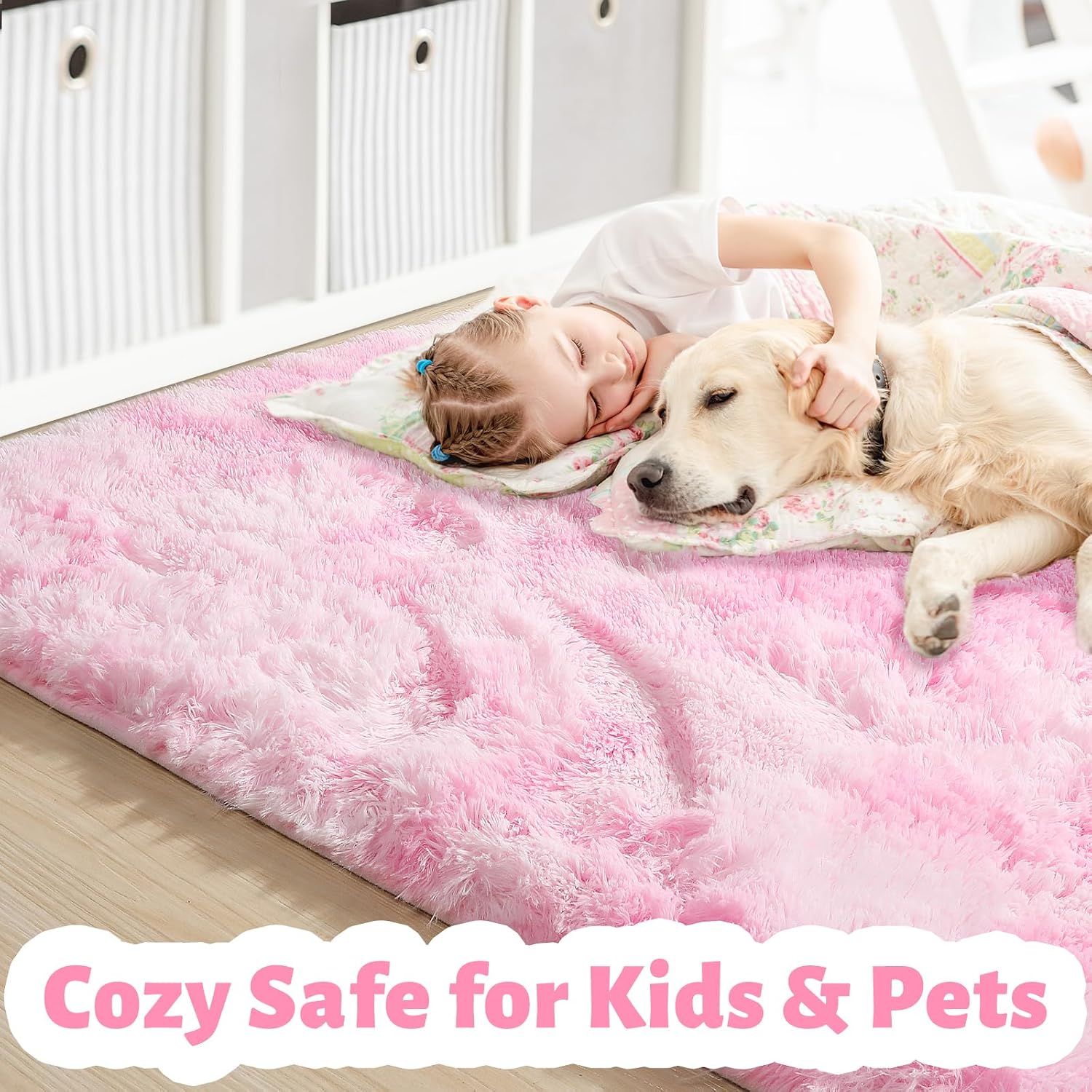 Thumbnail 1 de Amdrebio Pink Area Rugs 4' x 6' Pink-and-White Microfiber Shag Rug