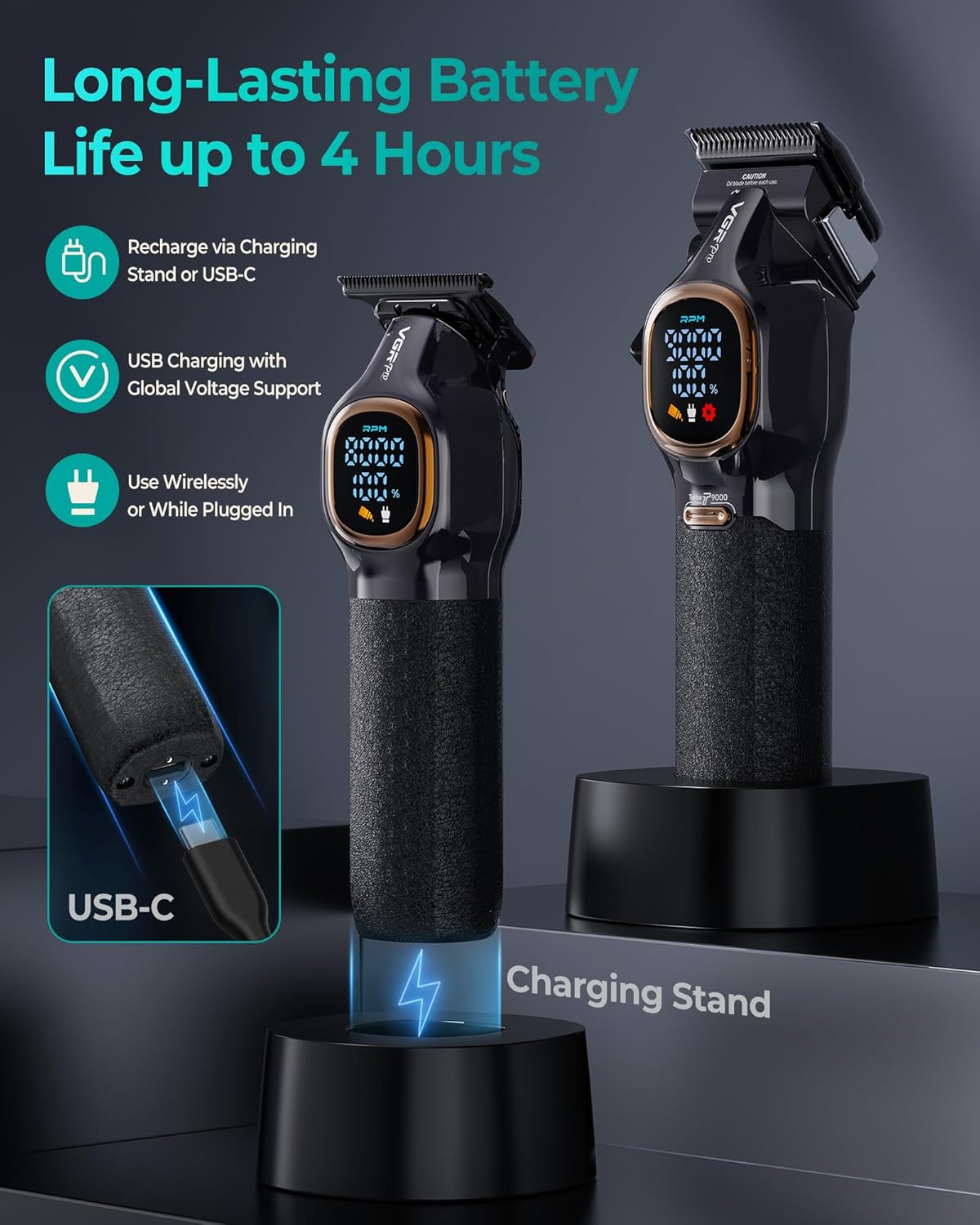 Thumbnail 4 de VGRPRO Professional Hair Clippers for Men Cordless Clipper & Zero-Gapped Trimmer Set (Black)