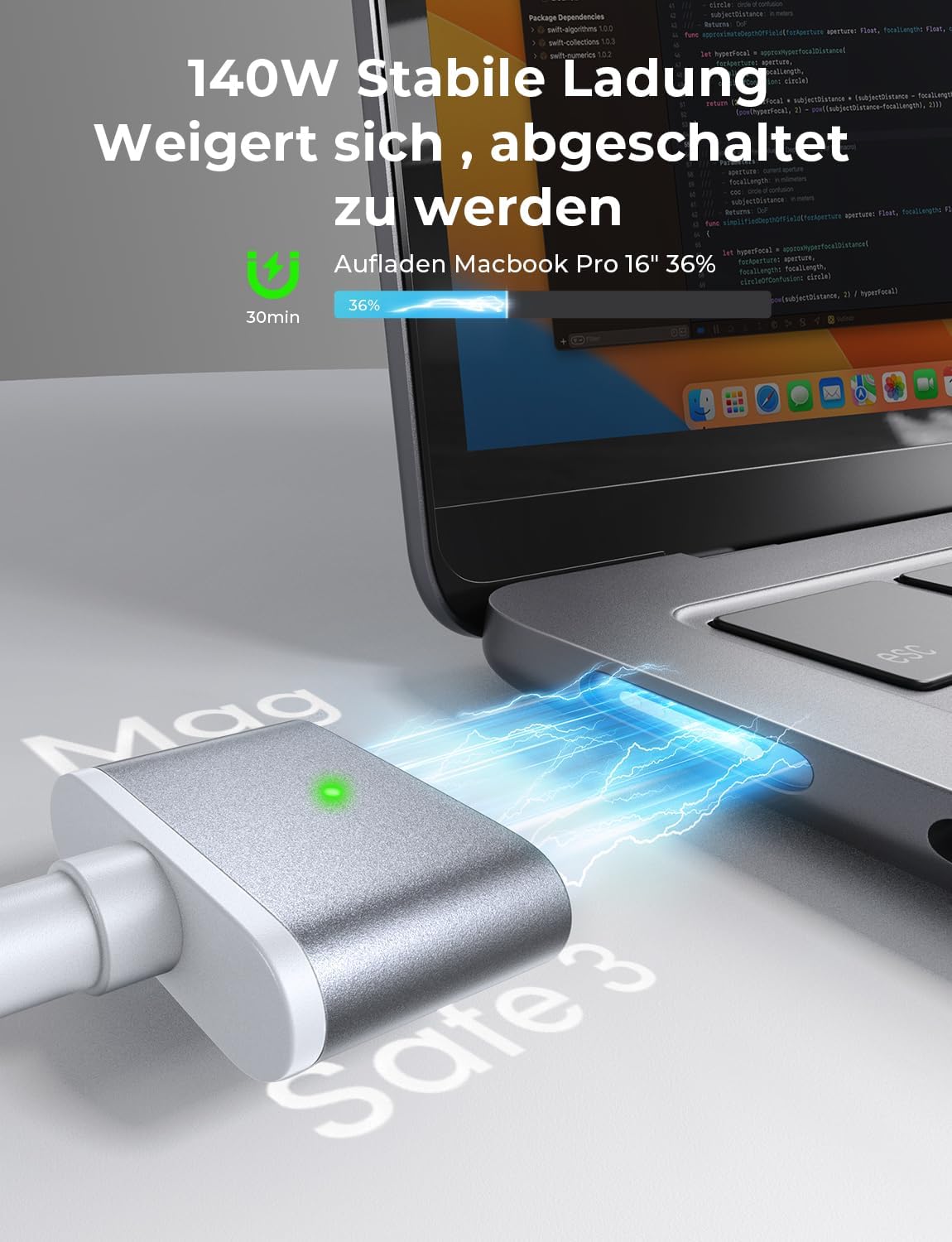 Thumbnail 2 de LISEN USB-C auf MagSafe 3 Kabel 2 m, 140W PD – Magnetisches Ladekabel für MacBook Pro/Air (M2/M3/M4/M5, 2022–2023) silbergrau