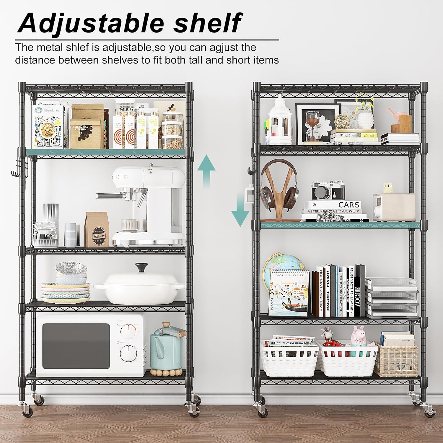 Detalle 2 de Himimi 5-Tier Wire Shelving Unit on Wheels, Adjustable Carbon Steel Rack