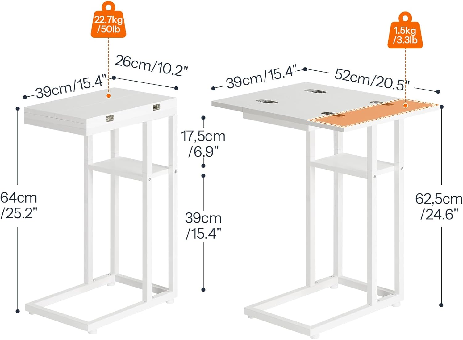 Thumbnail 2 de HOOBRO Tavolino a Forma di C, Tavolino da Divano Pieghevole in Stile Industriale, Bianco EWW29SF01