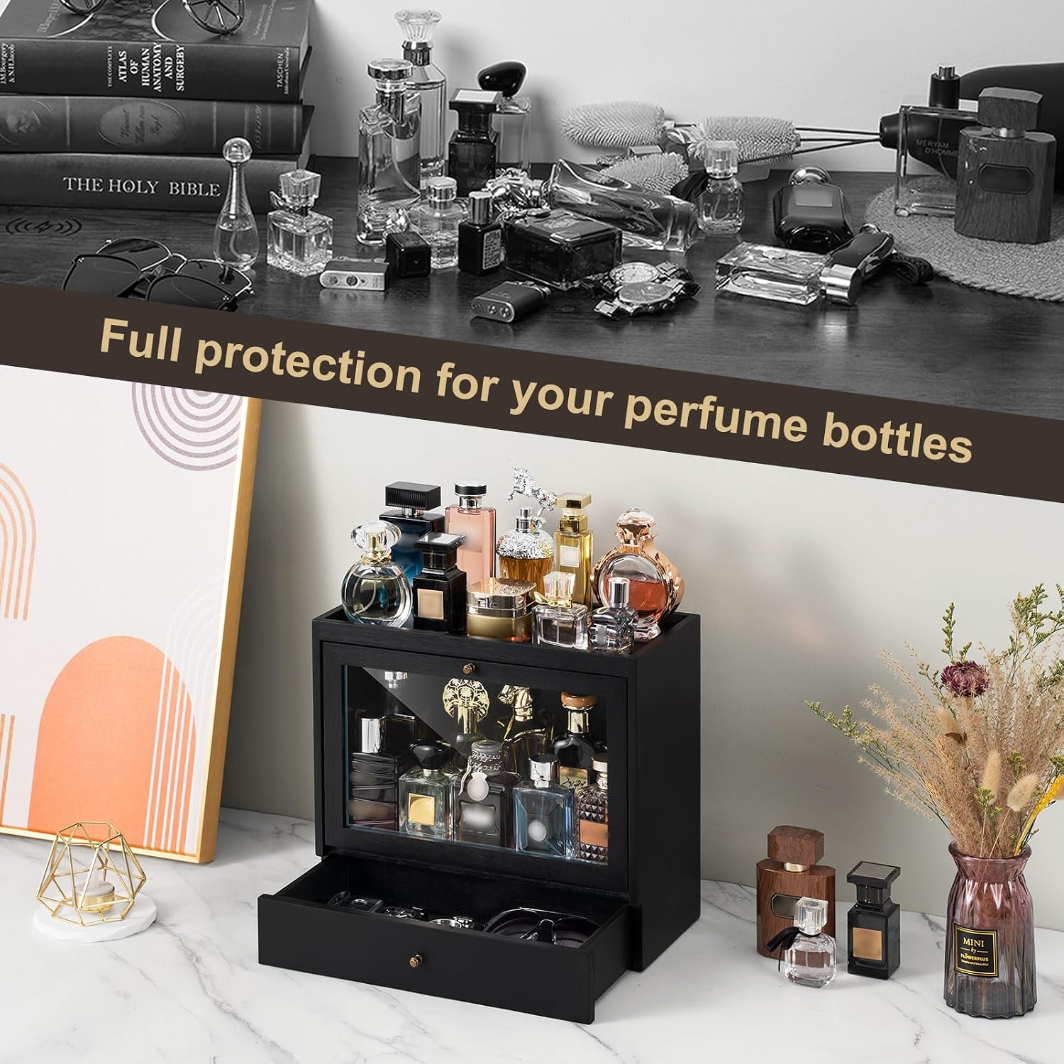 Detalle 1 de Emfogoo Cologne Stand (Black) – Solid Wood 3-Tier Perfume Organiser with Drawer Storage